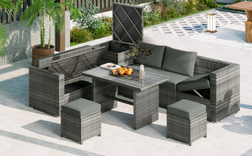 Outdoor 6 Piece All Weather Pe Rattan Sofa Set, Garden Patio Wicker Sectional Furniture Set With Adjustable Seat, Storage Box, Removable Covers And Tempered Glass Top Table,Grey Yes Complete Patio