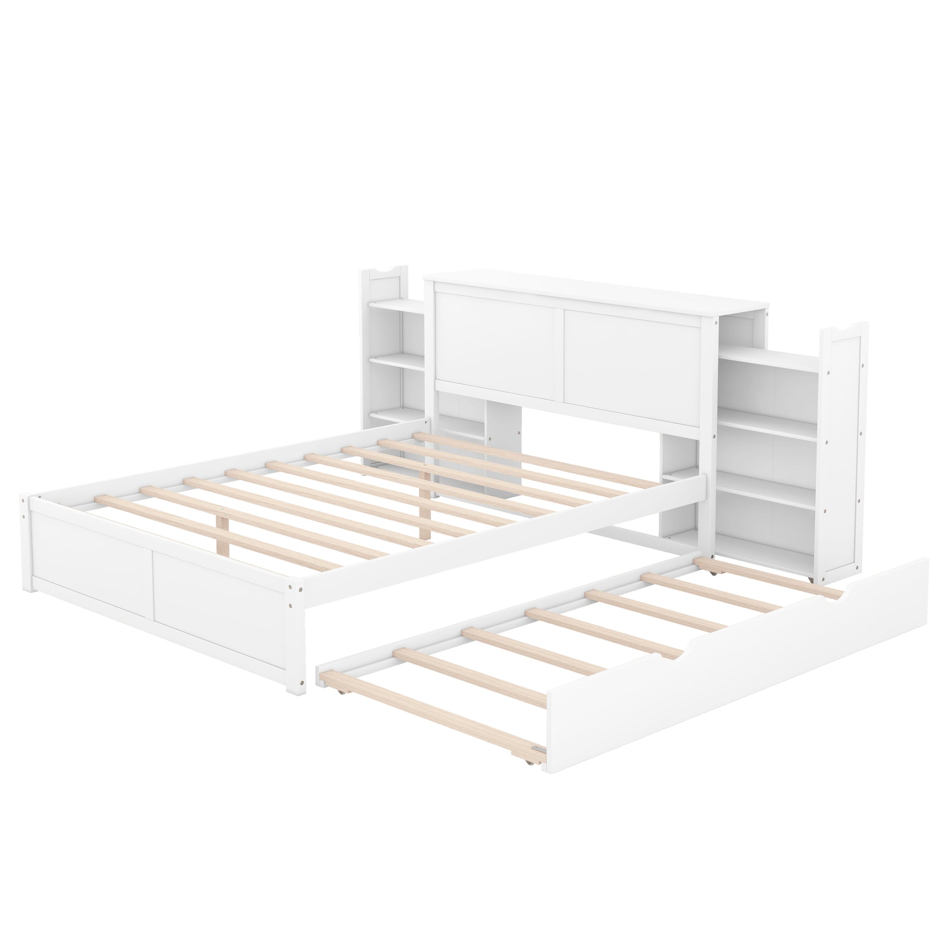 Queen Size Storage Platform Bed With Pull Out Shelves And Twin Xl Size Trundle, White White Solid Wood Mdf