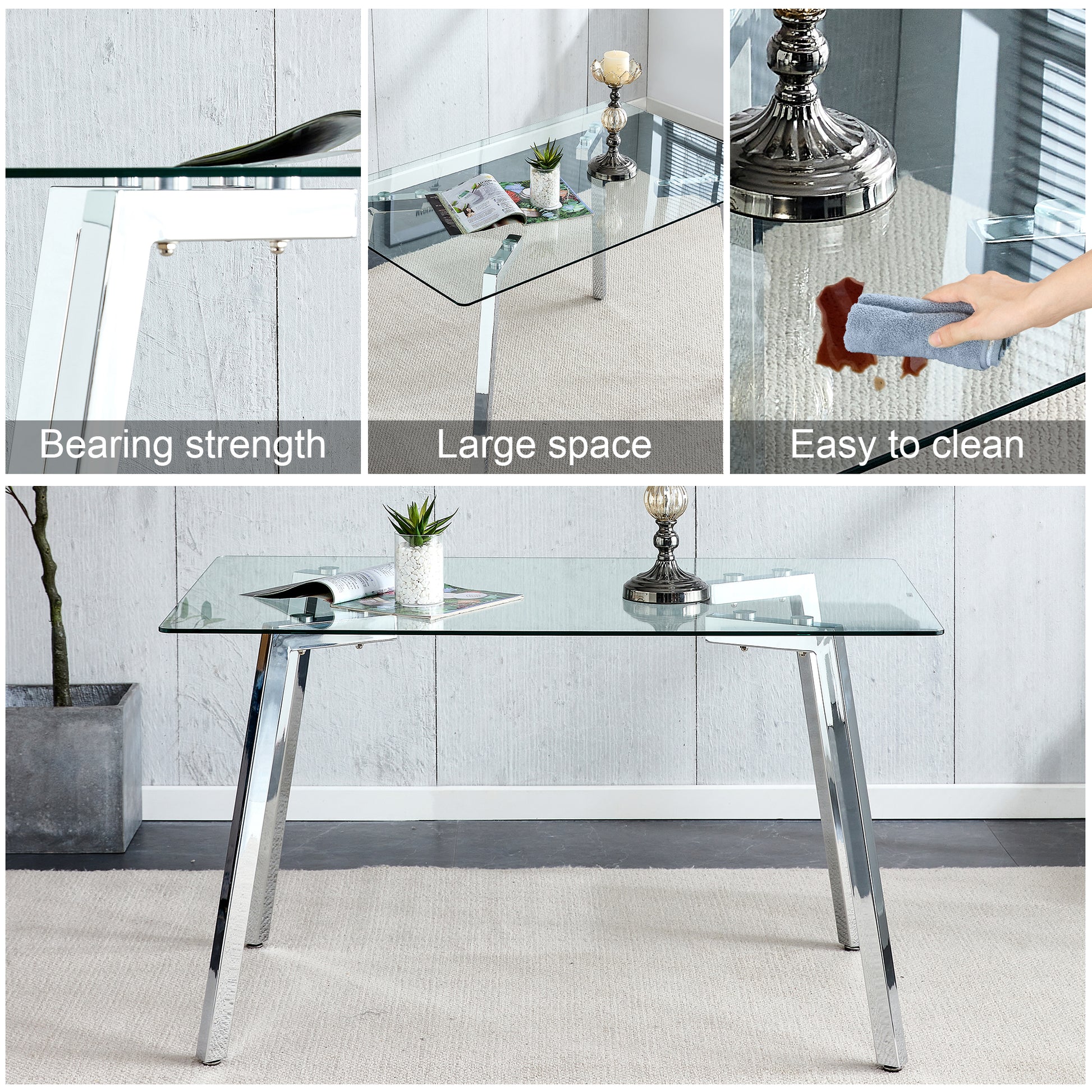 Glass Dining Table Modern Minimalist Rectangular For 4 6 With 0.31" Tempered Glass Tabletop And Plating Metal Legs, Writing Table Desk, For Kitchen Dining Living Room, 51" W X 31"D X 30" H 1123 Transparent Glass