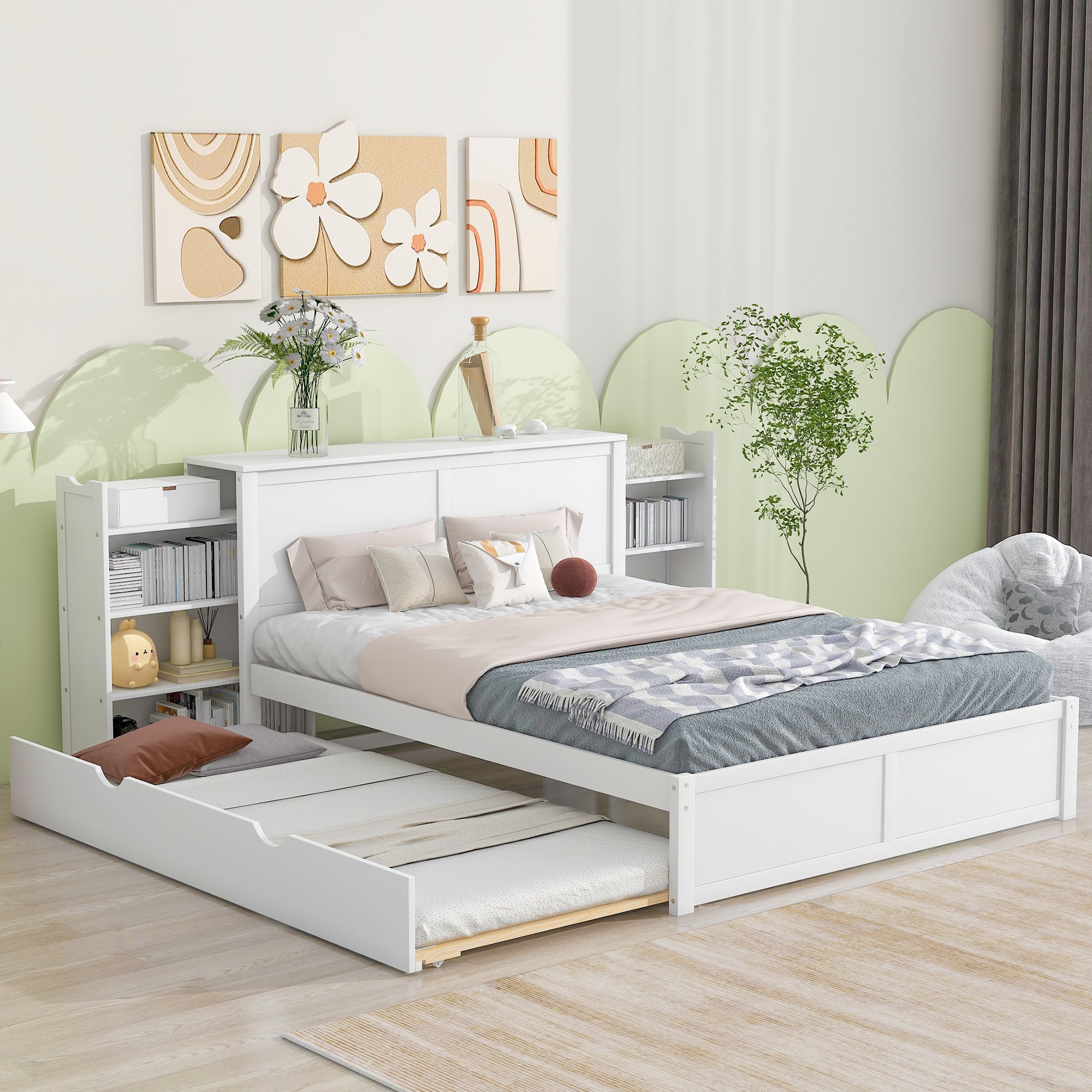 Queen Size Storage Platform Bed With Pull Out Shelves And Twin Xl Size Trundle, White White Solid Wood Mdf