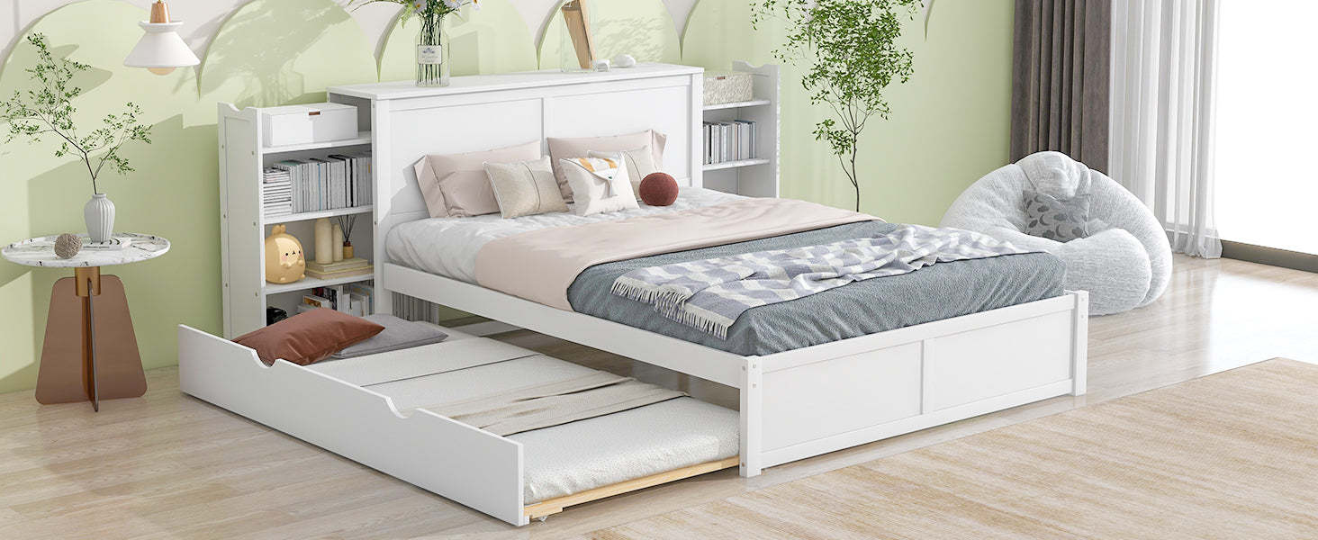 Queen Size Storage Platform Bed With Pull Out Shelves And Twin Xl Size Trundle, White White Solid Wood Mdf