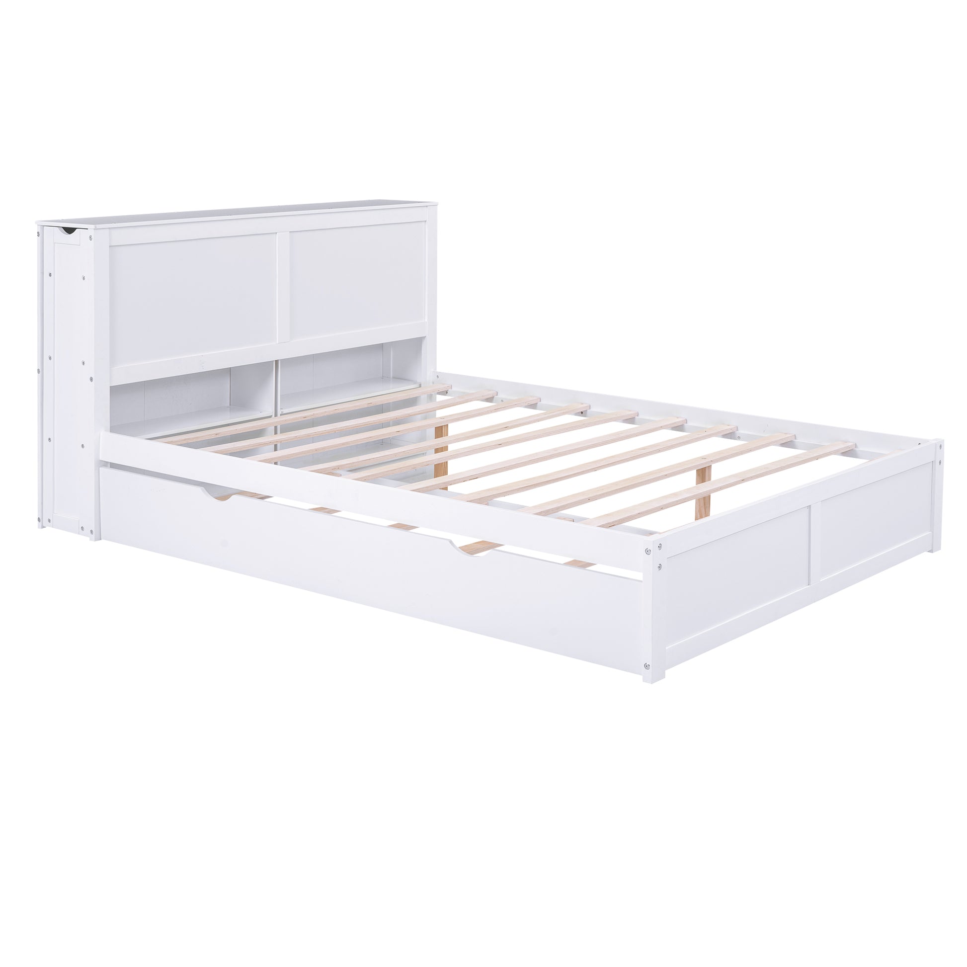 Queen Size Storage Platform Bed With Pull Out Shelves And Twin Xl Size Trundle, White White Solid Wood Mdf