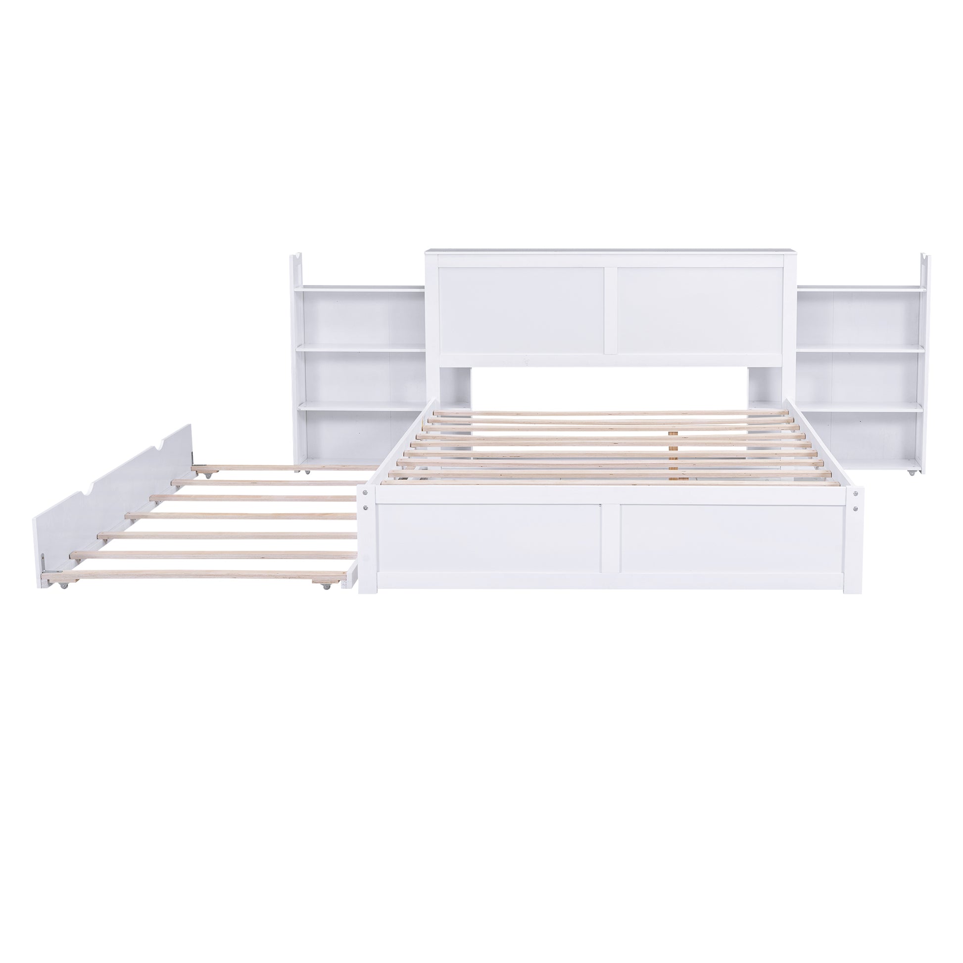 Queen Size Storage Platform Bed With Pull Out Shelves And Twin Xl Size Trundle, White White Solid Wood Mdf