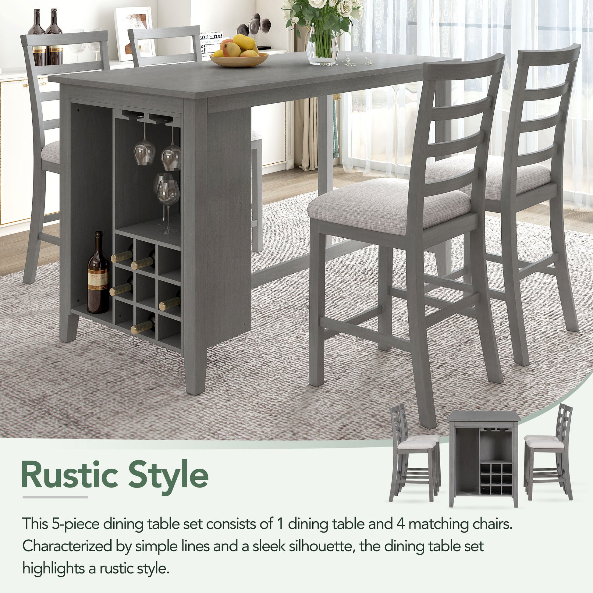 5 Piece Multi Functional Rubber Wood Counter Height Dining Set With Padded Chairs And Integrated 9 Bar Wine Compartment, Wineglass Holders For Dining Room Gray Gray Solid Wood