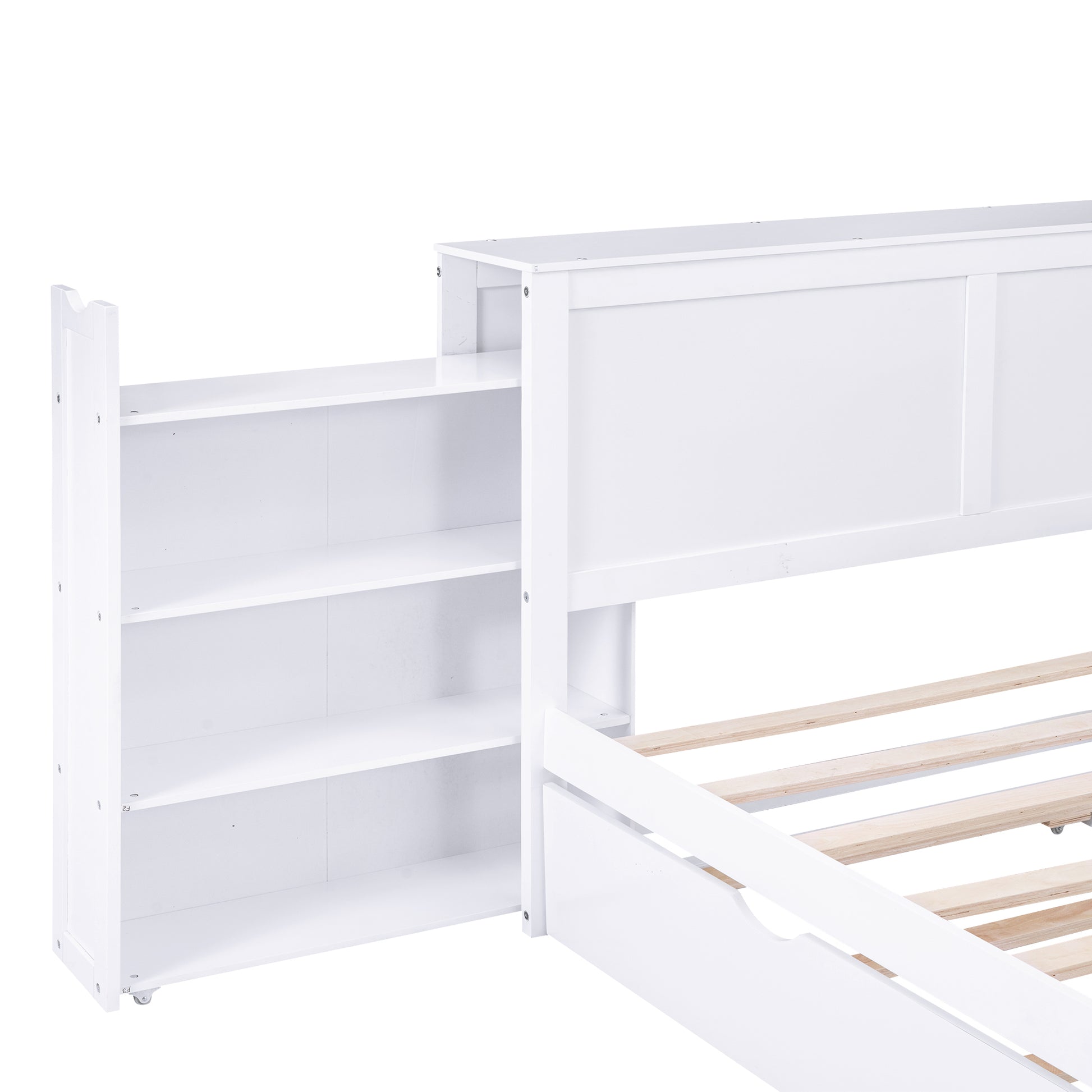 Queen Size Storage Platform Bed With Pull Out Shelves And Twin Xl Size Trundle, White White Solid Wood Mdf