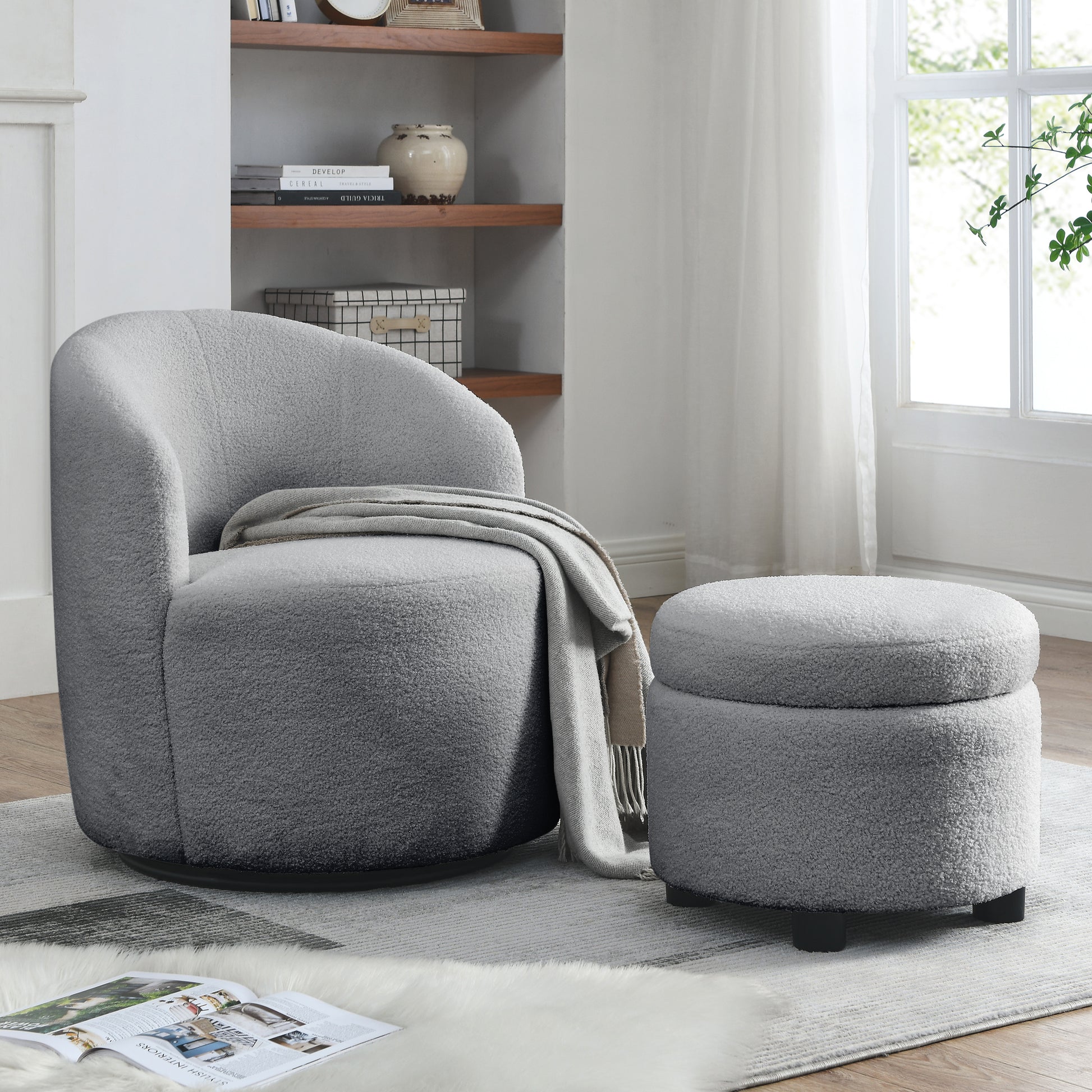 Video Welike Swivel Barrel Chair, Living Room Swivel Chair With Round Storage Chair, 360 Swivel Club Chair, Nursery, Bedroom, Office, Hotel With Upholstered Modern Armchair, Teddy Fabric Grey Teddy Foam Fabric