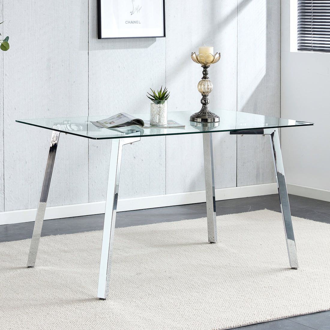 Glass Dining Table Modern Minimalist Rectangular For 4 6 With 0.31" Tempered Glass Tabletop And Plating Metal Legs, Writing Table Desk, For Kitchen Dining Living Room, 51" W X 31"D X 30" H 1123 Transparent Glass