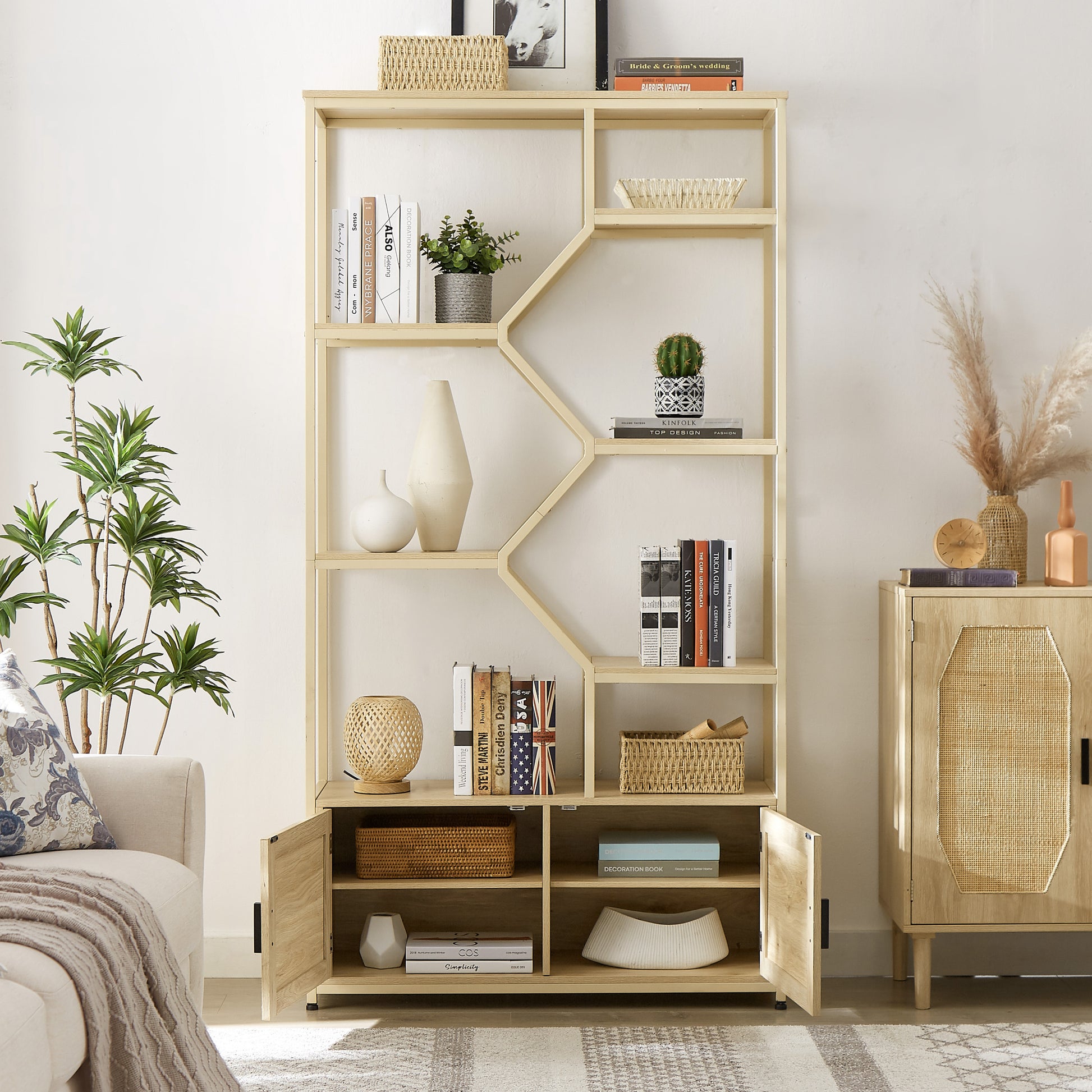 Rattan Bookshelf 7 Tiers Bookcases Storage Rack With Cabinet For Living Room Home Office, Natural, 39.4'' W X 13.8'' D X 75.6'' H. Natural Particle Board