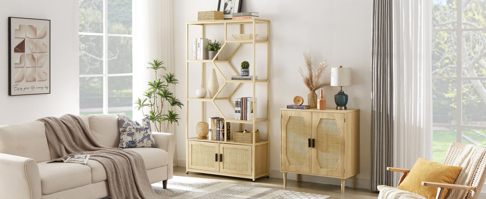 Rattan Bookshelf 7 Tiers Bookcases Storage Rack With Cabinet For Living Room Home Office, Natural, 39.4'' W X 13.8'' D X 75.6'' H. Natural Particle Board