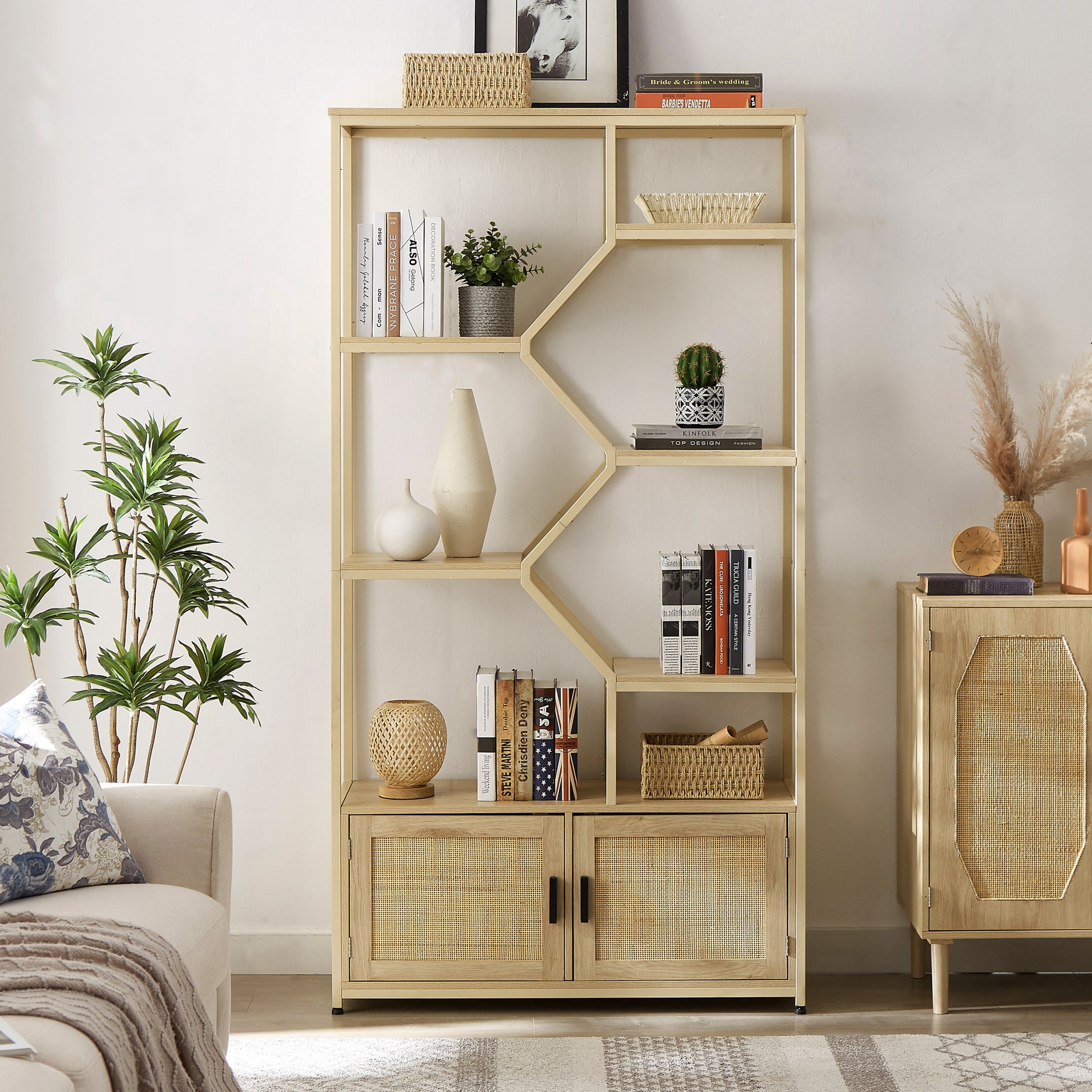 Rattan Bookshelf 7 Tiers Bookcases Storage Rack With Cabinet For Living Room Home Office, Natural, 39.4'' W X 13.8'' D X 75.6'' H. Natural Particle Board