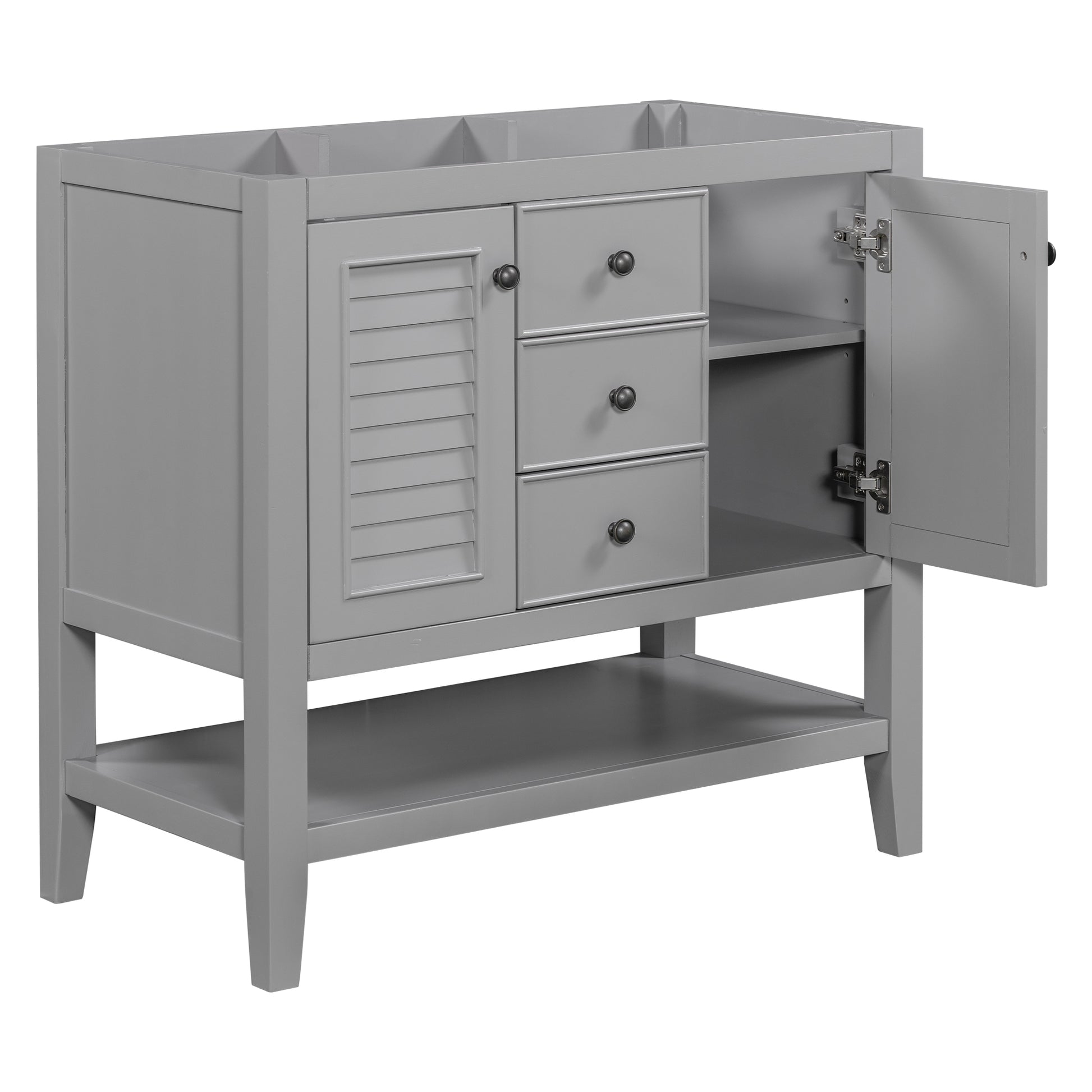 36" Bathroom Vanity Without Sink, Cabinet Base Only, Two Cabinets And Drawers, Open Shelf, Solid Wood Frame, Grey Grey Solid Wood Mdf