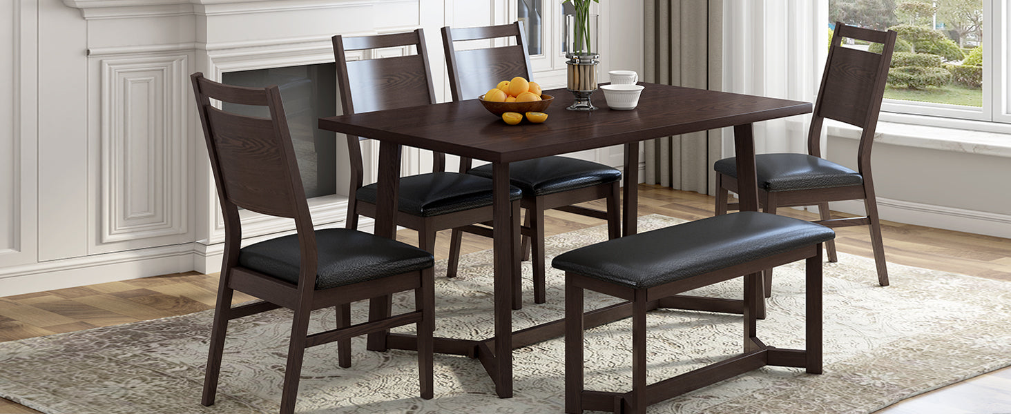 Farmhouse 6 Piece Wood Dining Table Set With 4 Upholstered Chairs And Bench, Dark Brown Brown Wood Dining Room Bench Seating Rubberwood Rectangular Dining Table With Chair And Bench Upholstered Chair Wood Dark Brown Solid Back Seats 6 Farmhouse Trestle