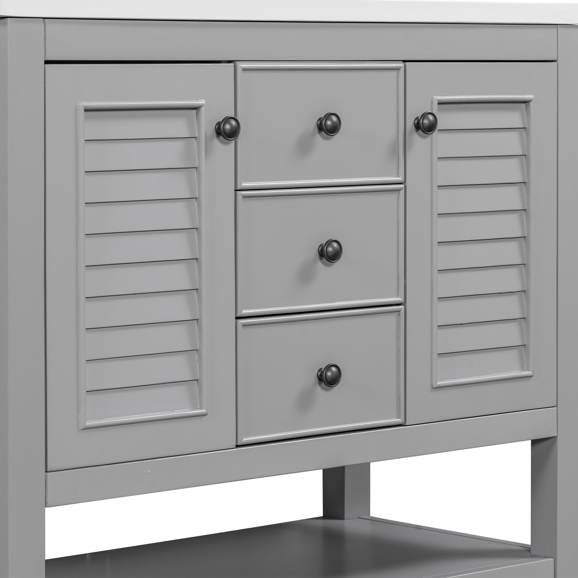 36" Bathroom Vanity Without Sink, Cabinet Base Only, Two Cabinets And Drawers, Open Shelf, Solid Wood Frame, Grey Grey Solid Wood Mdf