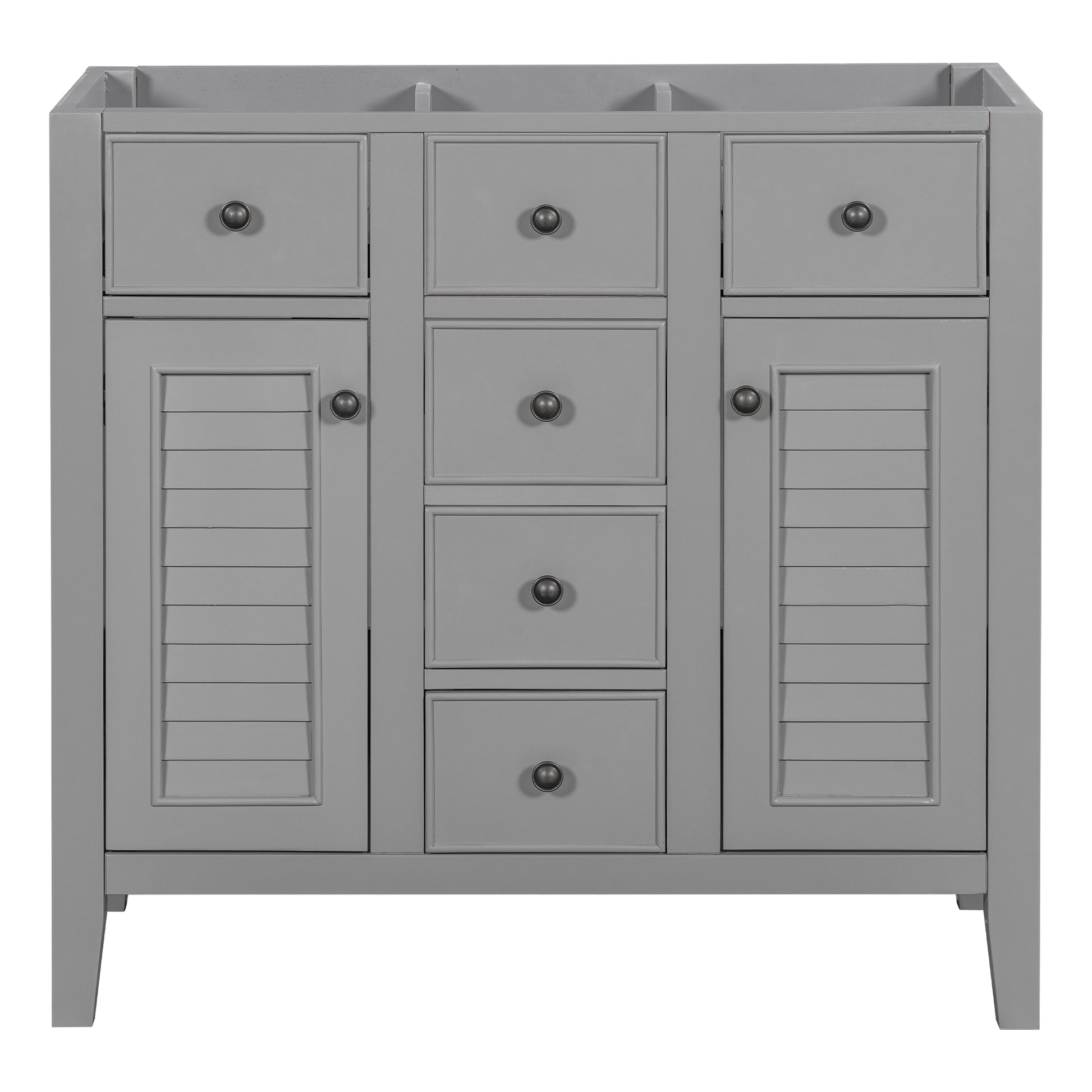 36" Bathroom Vanity Without Sink, Cabinet Base Only, Two Cabinets And Five Drawers, Solid Wood Frame, Grey Grey Solid Wood Mdf