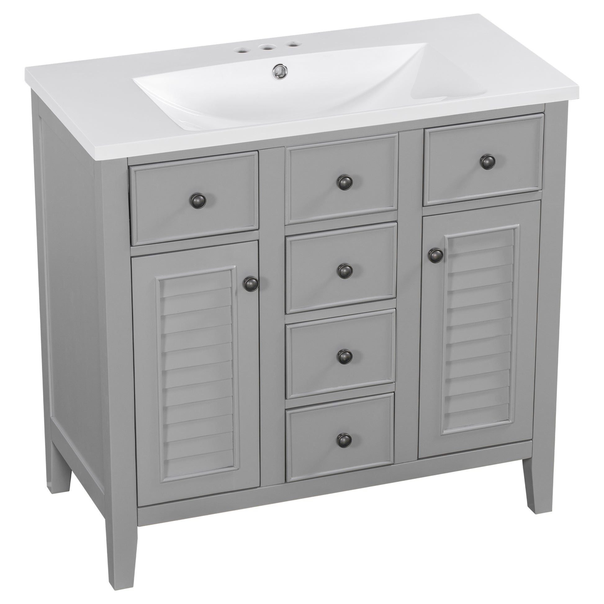 36" Bathroom Vanity With Ceramic Basin, Two Cabinets And Five Drawers, Solid Wood Frame, Grey Old Sku: Sy999202Aae Grey Solid Wood Mdf