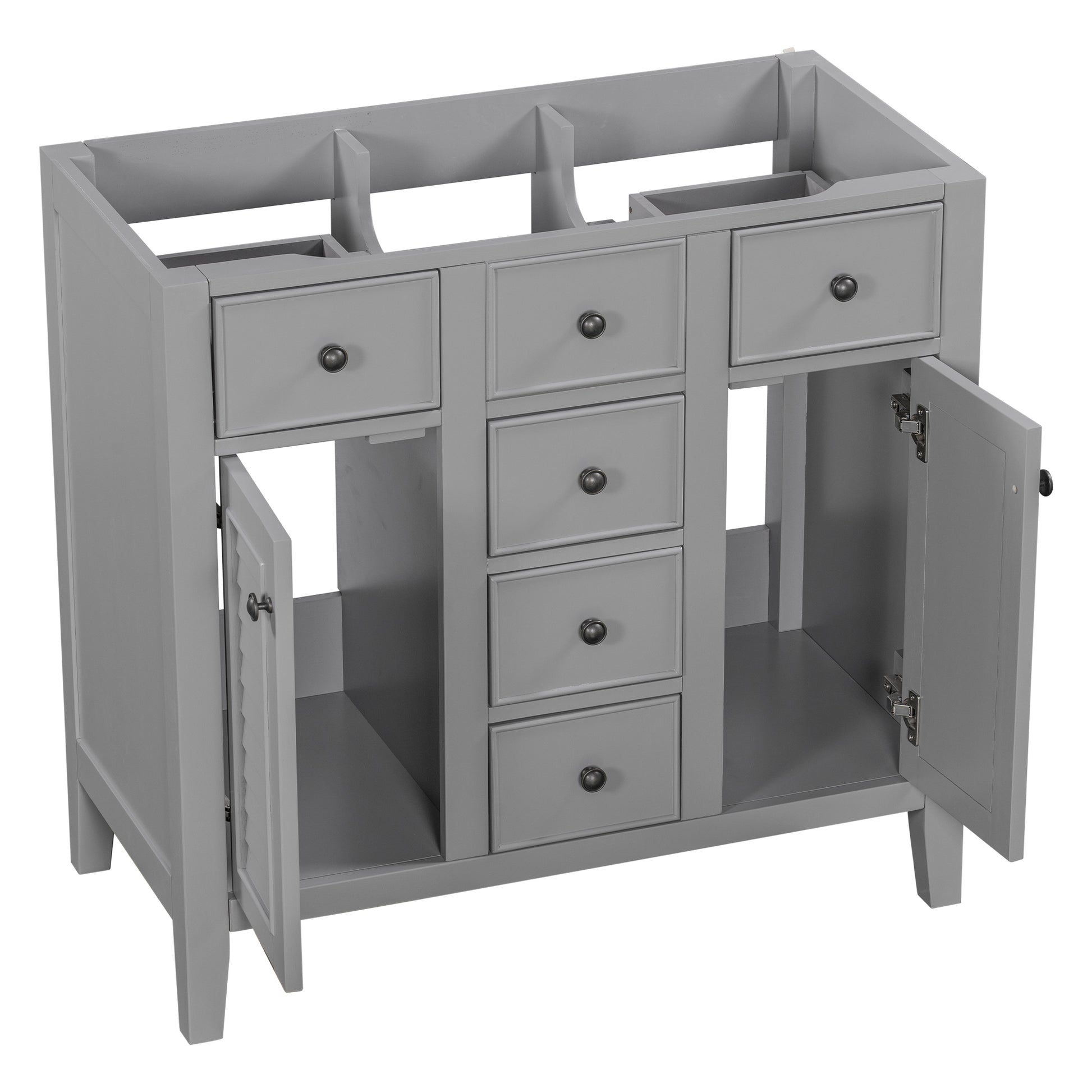 36" Bathroom Vanity Without Sink, Cabinet Base Only, Two Cabinets And Five Drawers, Solid Wood Frame, Grey Grey Solid Wood Mdf