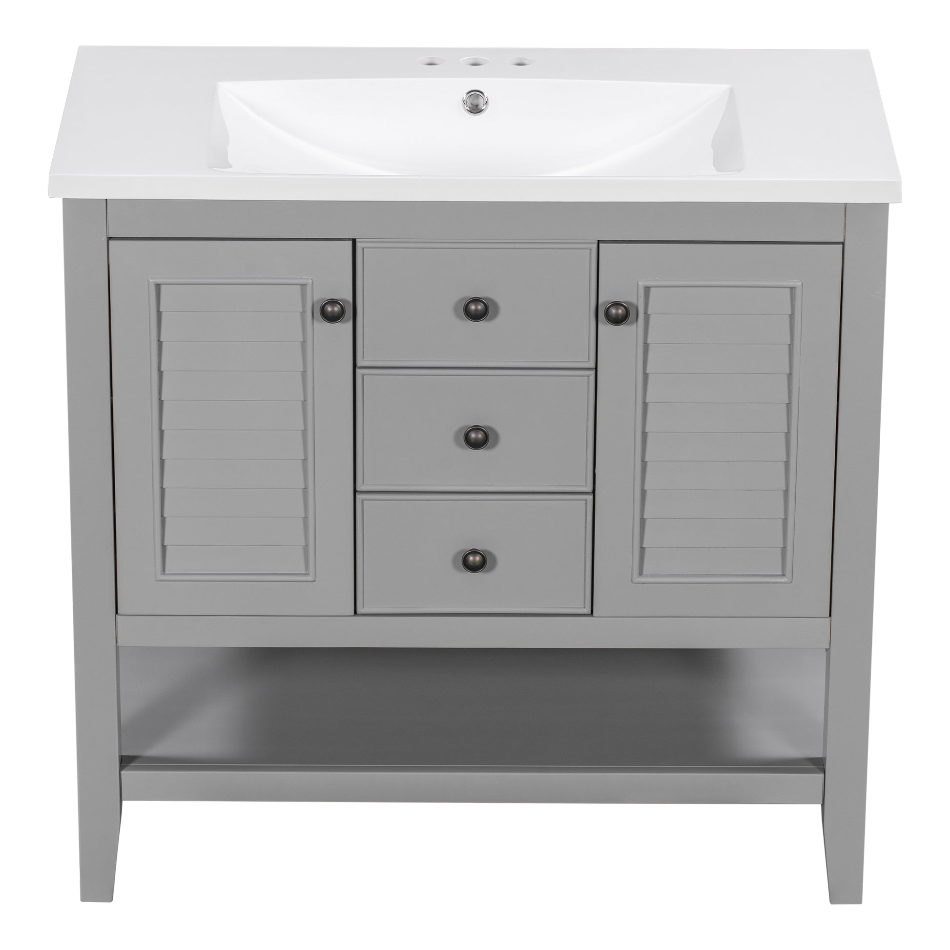 36" Bathroom Vanity With Ceramic Basin, Two Cabinets And Drawers, Open Shelf, Solid Wood Frame, Grey Old Sku: Sy999101Aae 1 Grey Solid Wood Mdf
