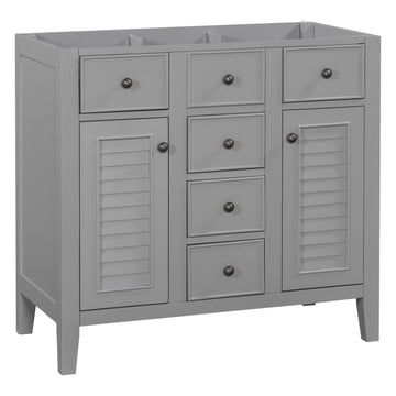 36" Bathroom Vanity Without Sink, Cabinet Base Only, Two Cabinets And Five Drawers, Solid Wood Frame, Grey Grey Solid Wood Mdf