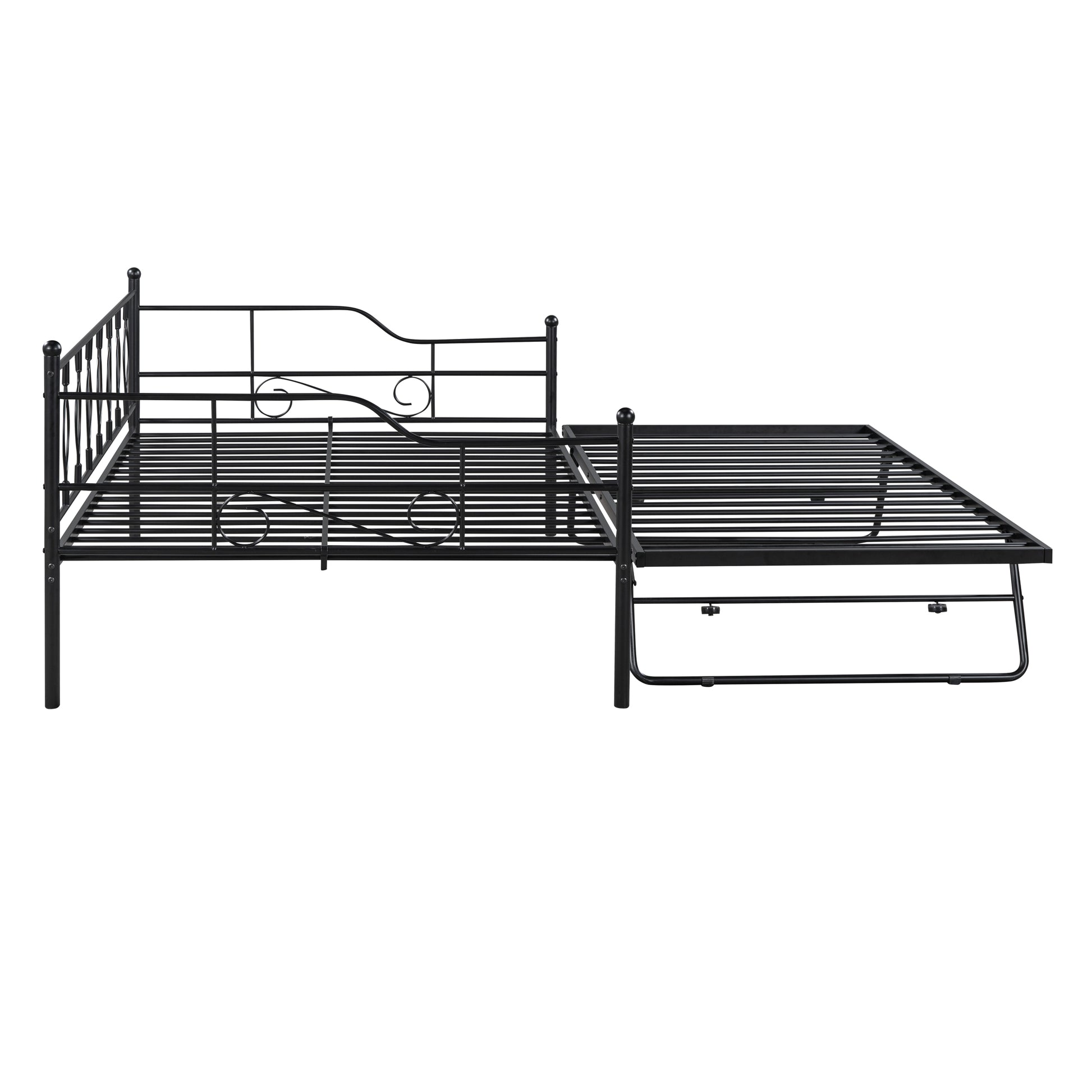 Full Size Metal Daybed With Twin Size Adjustable Trundle, Portable Folding Trundle, Black Old Sku:Mf293730Aab Black Steel
