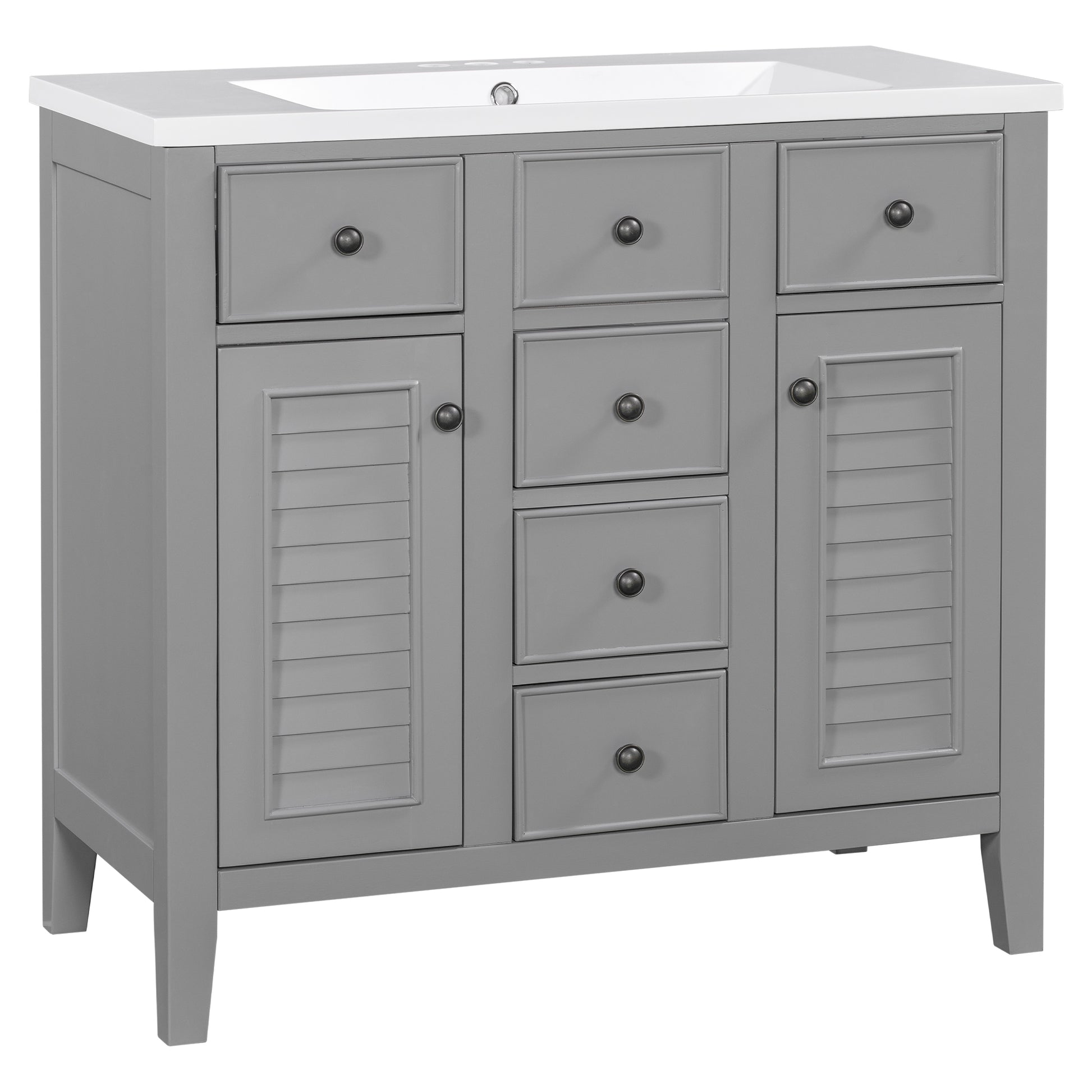 36" Bathroom Vanity With Ceramic Basin, Two Cabinets And Five Drawers, Solid Wood Frame, Grey Old Sku: Sy999202Aae Grey Solid Wood Mdf