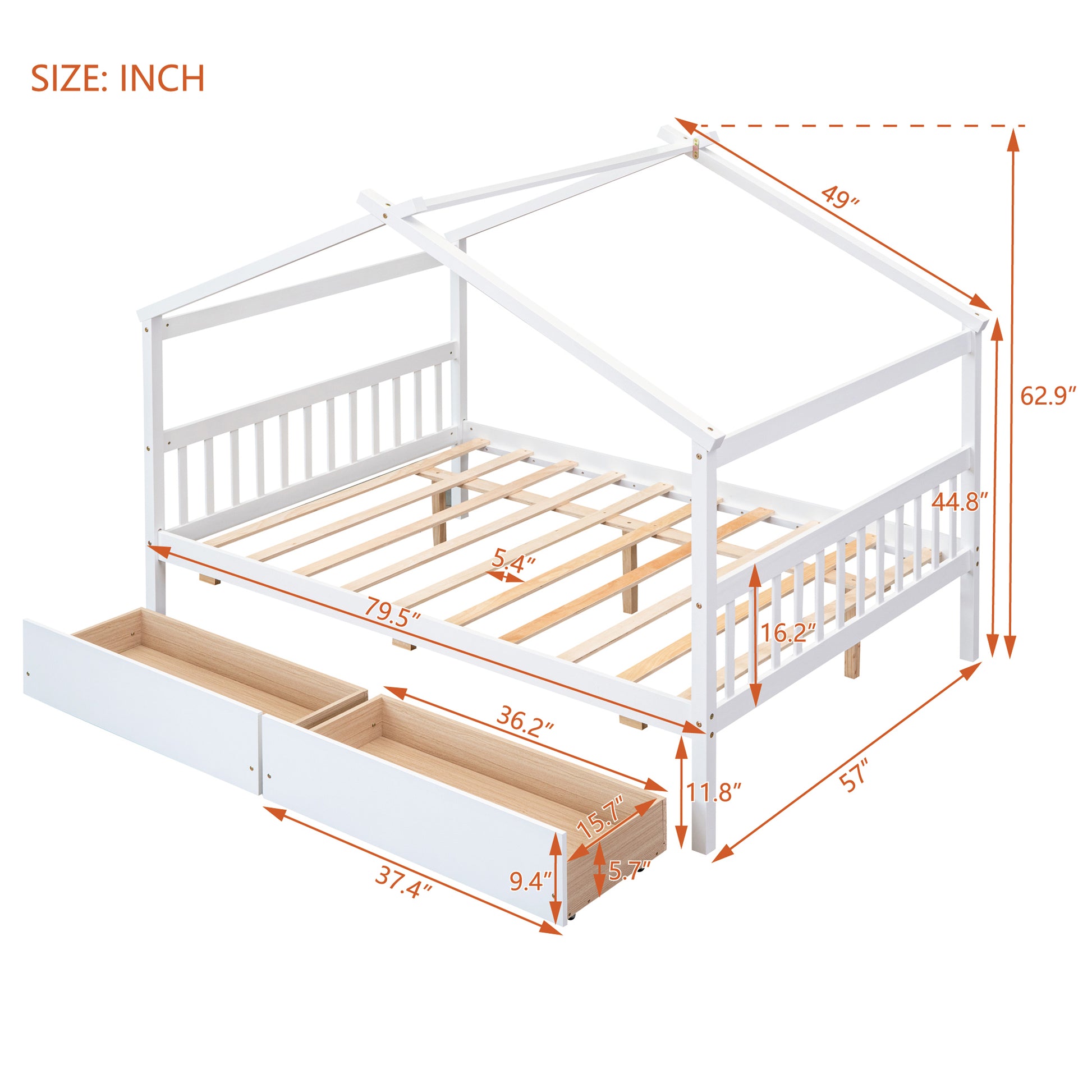 Full Size Wooden House Bed With Drawers, White White Solid Wood Mdf