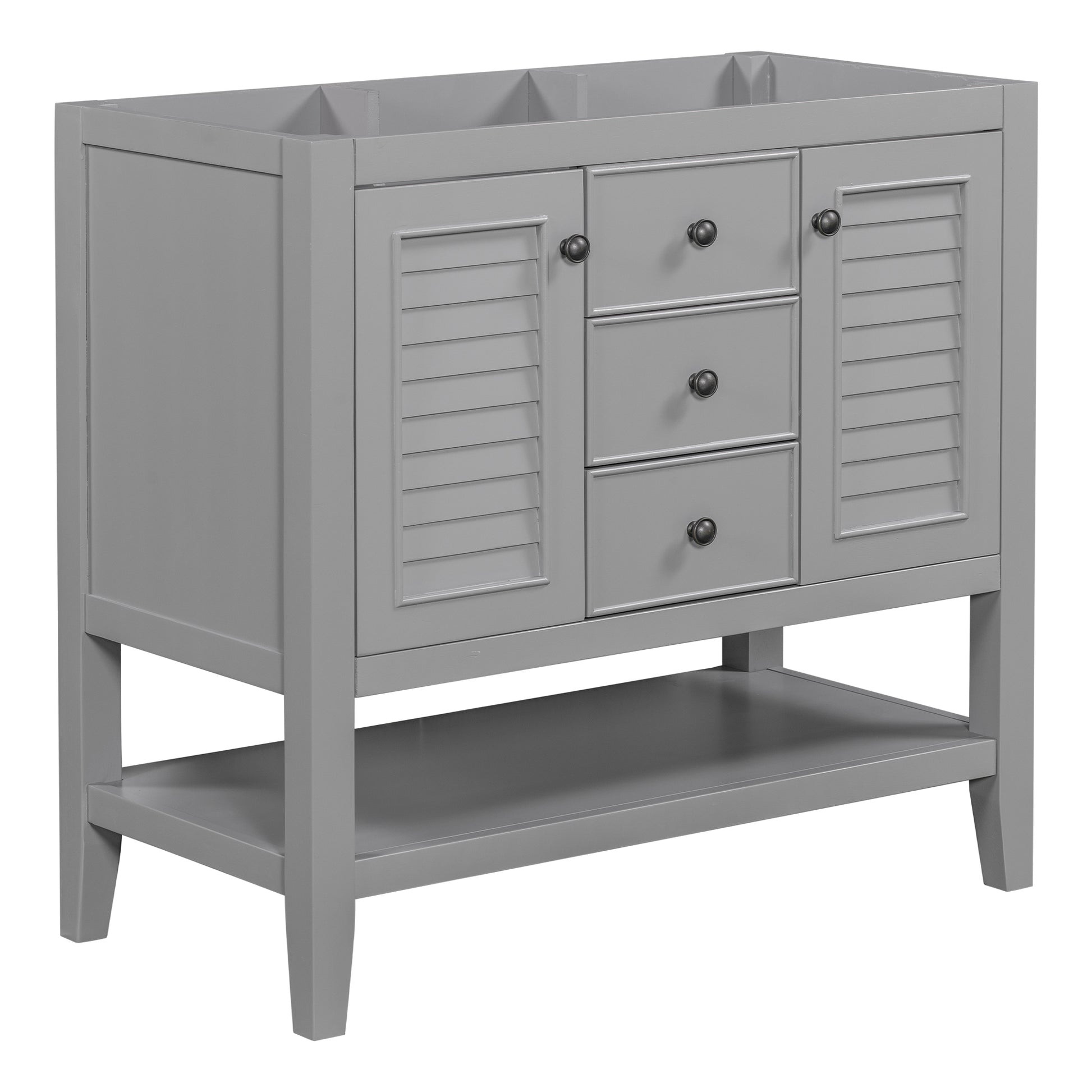 36" Bathroom Vanity Without Sink, Cabinet Base Only, Two Cabinets And Drawers, Open Shelf, Solid Wood Frame, Grey Grey Solid Wood Mdf