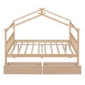Full Size Wooden House Bed With Drawers, Natural Natural Solid Wood Mdf