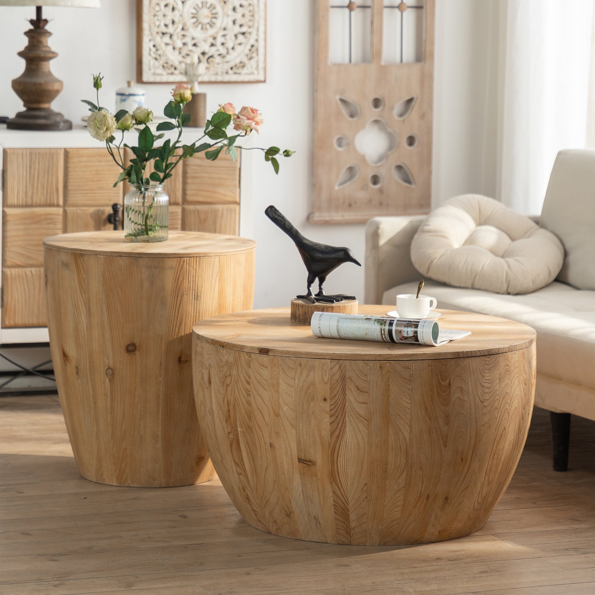21.06"Vintage Style Bucket Shaped Coffee Table For Office, Dining Room And Living Room Natural Solid Wood Mdf