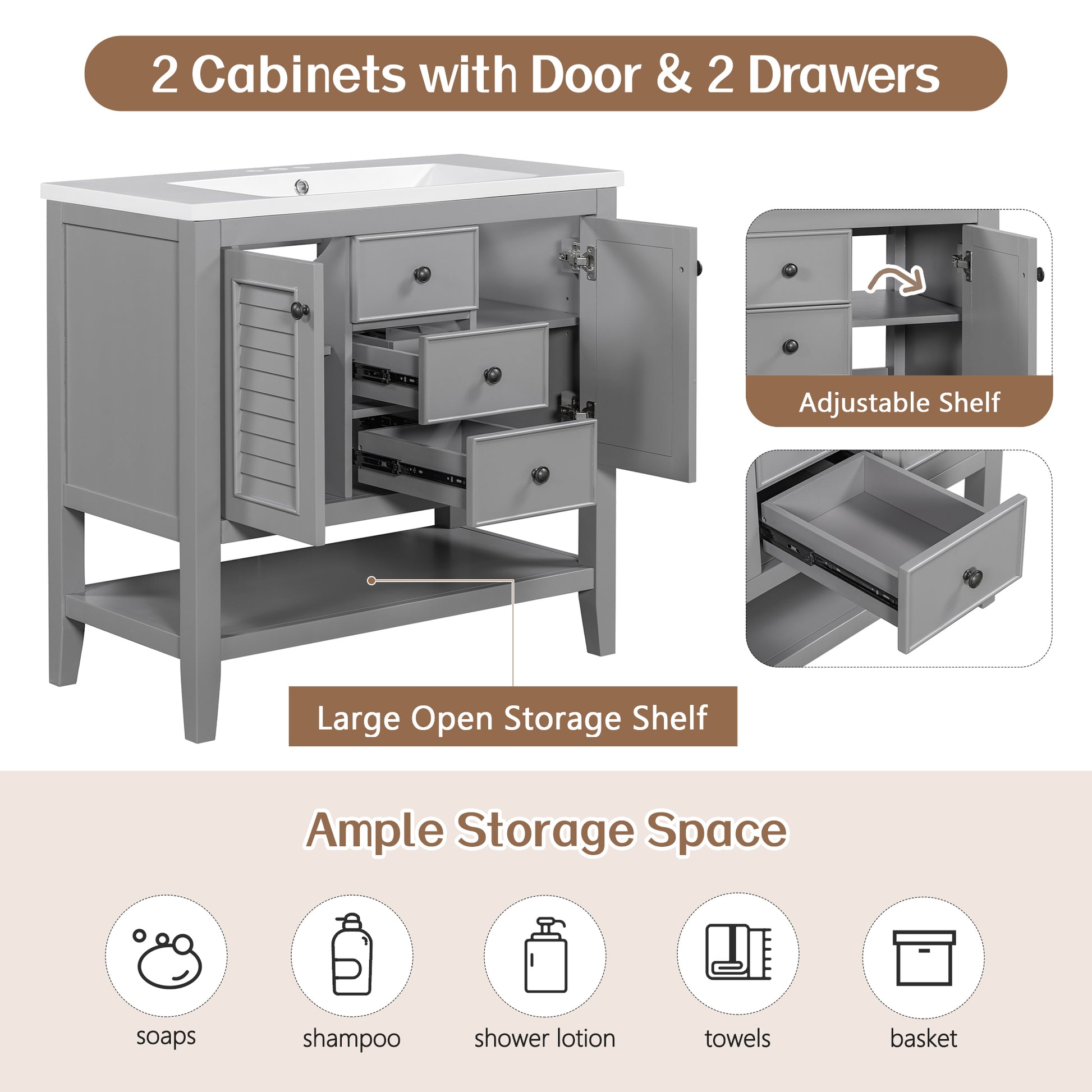 36" Bathroom Vanity Without Sink, Cabinet Base Only, Two Cabinets And Drawers, Open Shelf, Solid Wood Frame, Grey Grey Solid Wood Mdf