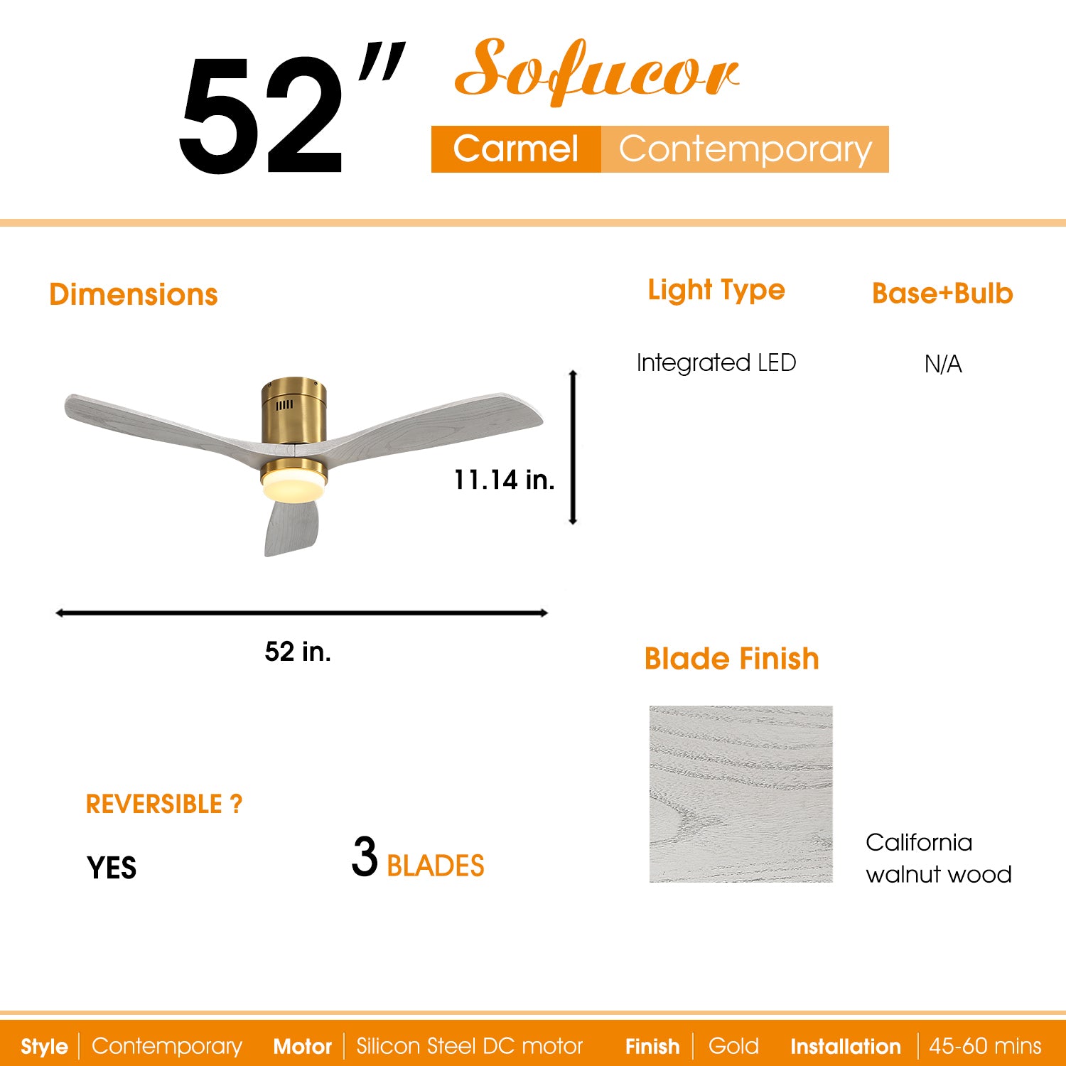 52 Inch Decorative Led Ceiling Fan With Dimmable Led Light 6 Speed Remote 3 Solid Wood Blades Reversible Dc Motor For Living Room Gold Metal & Wood