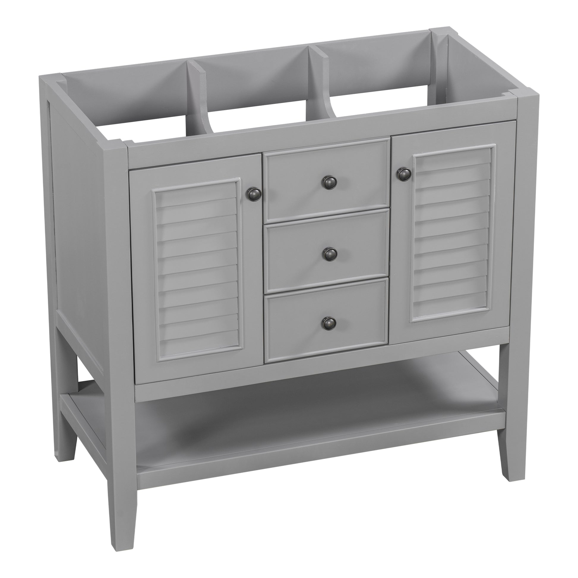 36" Bathroom Vanity Without Sink, Cabinet Base Only, Two Cabinets And Drawers, Open Shelf, Solid Wood Frame, Grey Grey Solid Wood Mdf