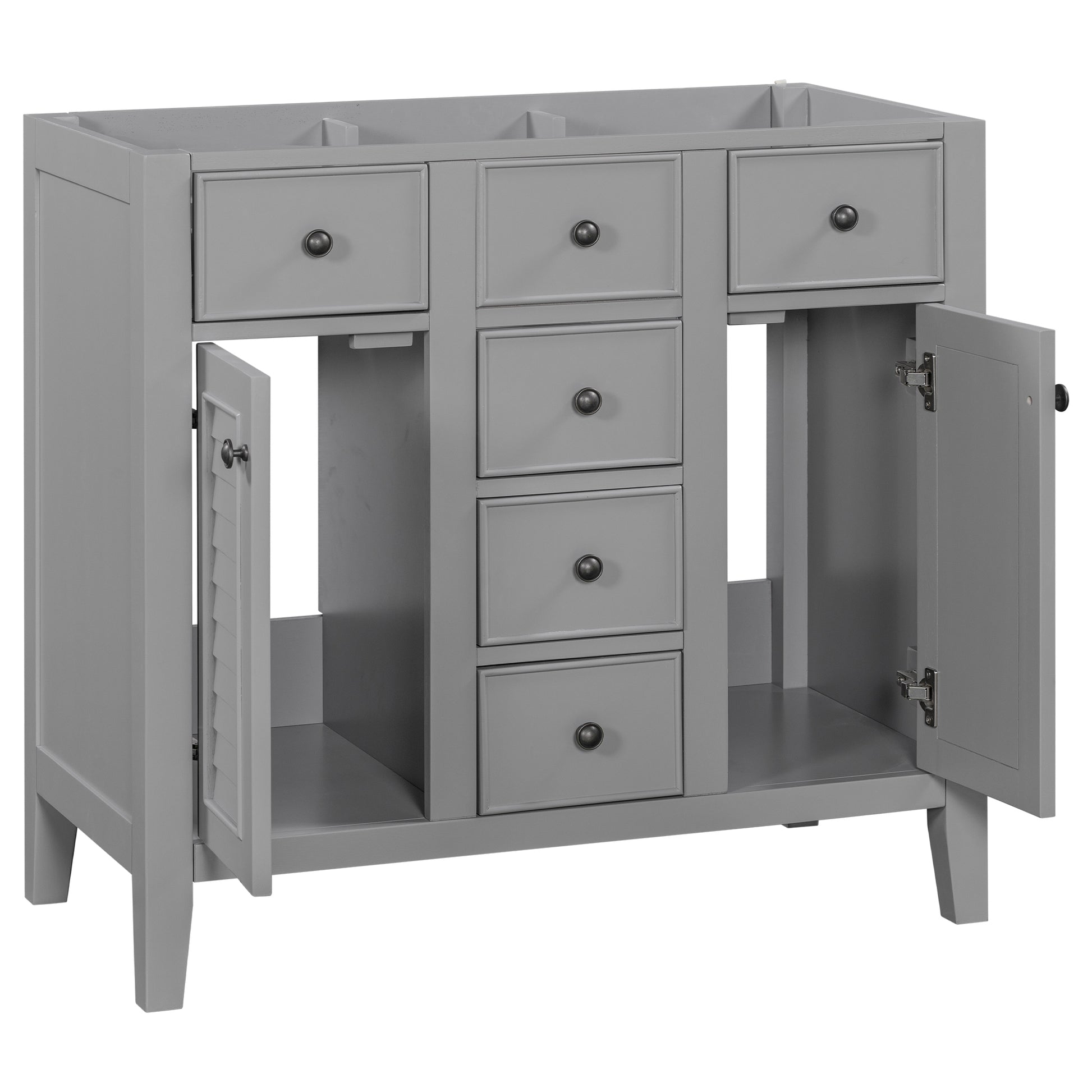 36" Bathroom Vanity Without Sink, Cabinet Base Only, Two Cabinets And Five Drawers, Solid Wood Frame, Grey Grey Solid Wood Mdf