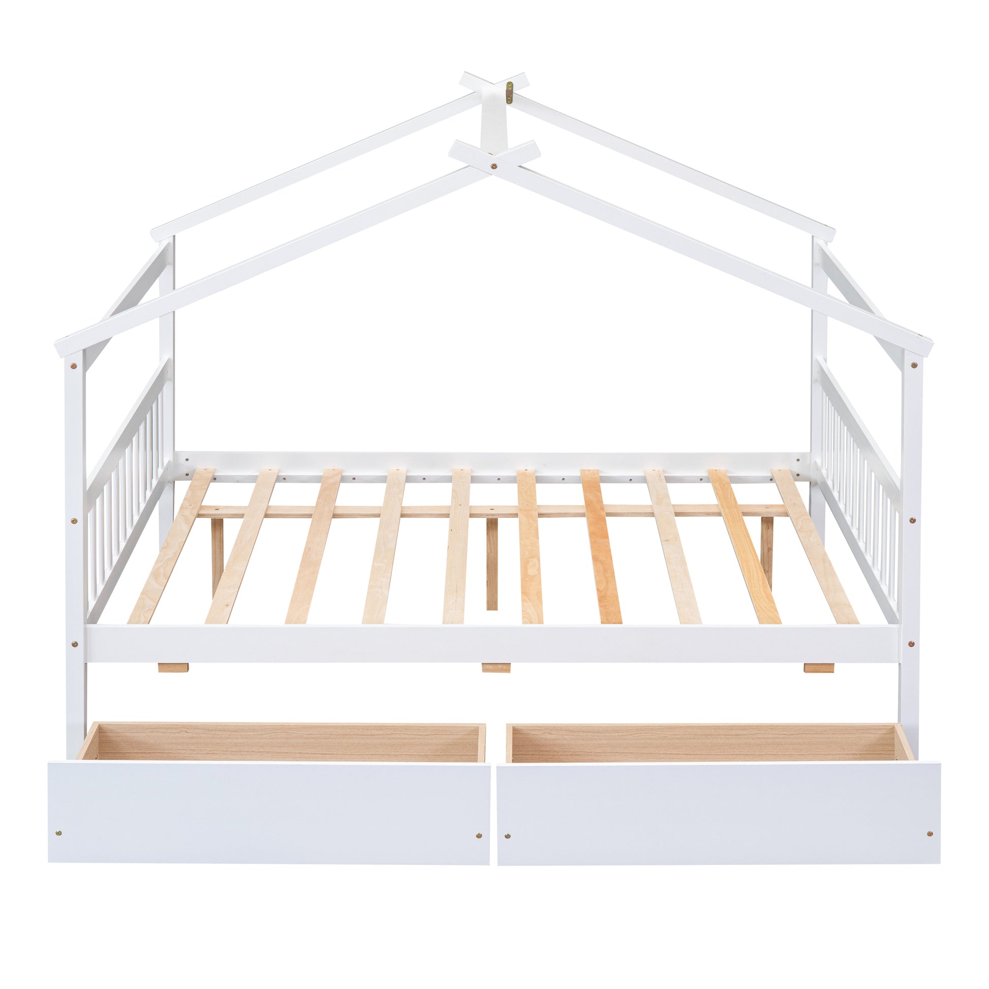 Full Size Wooden House Bed With Drawers, White White Solid Wood Mdf