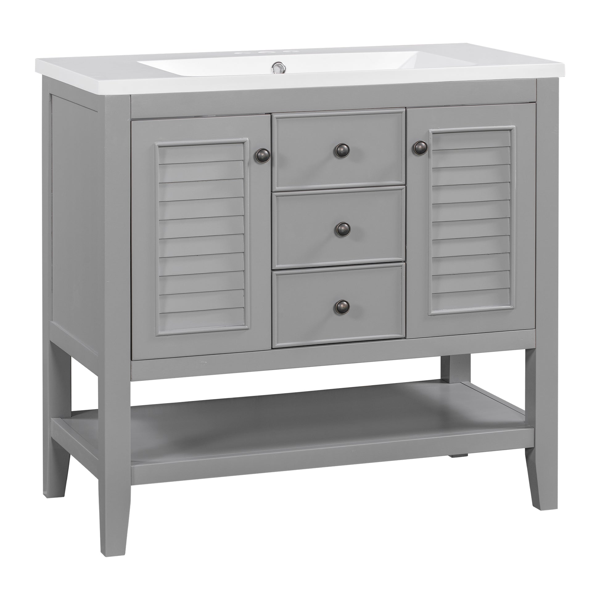 36" Bathroom Vanity With Ceramic Basin, Two Cabinets And Drawers, Open Shelf, Solid Wood Frame, Grey Old Sku: Sy999101Aae Grey Solid Wood Mdf