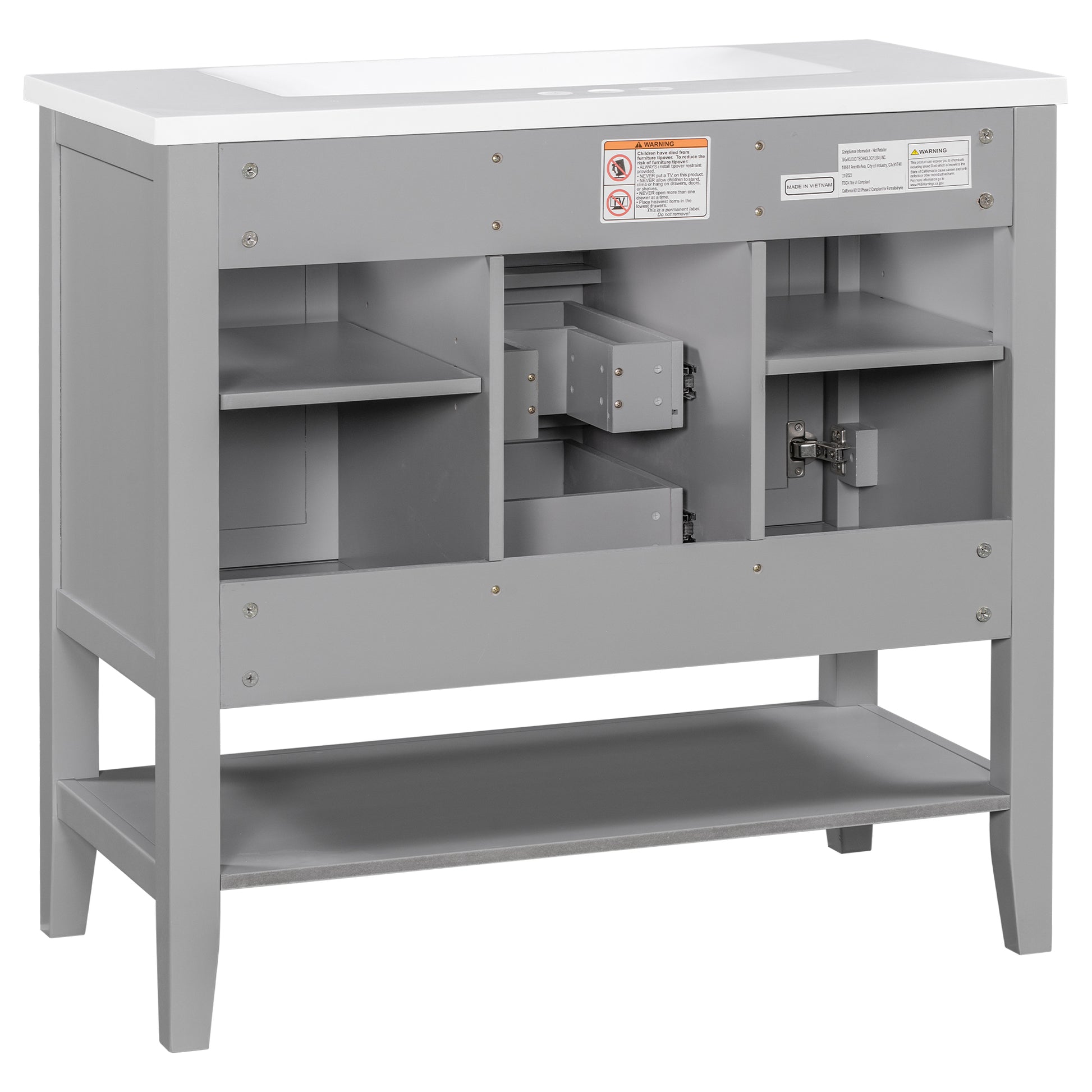 36" Bathroom Vanity With Ceramic Basin, Two Cabinets And Drawers, Open Shelf, Solid Wood Frame, Grey Old Sku: Sy999101Aae 1 Grey Solid Wood Mdf