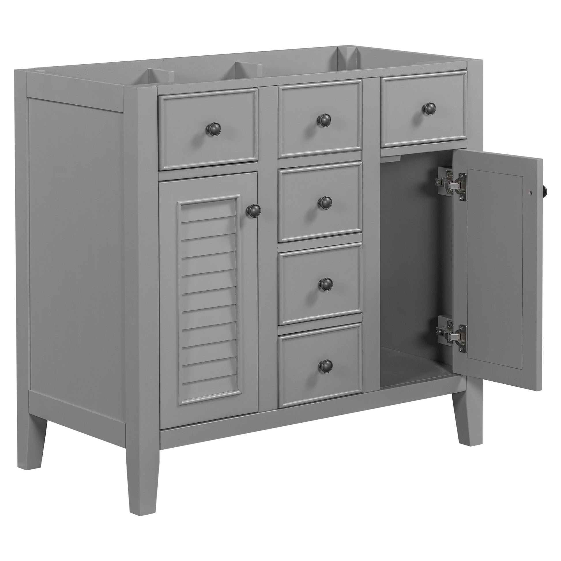 36" Bathroom Vanity Without Sink, Cabinet Base Only, Two Cabinets And Five Drawers, Solid Wood Frame, Grey Grey Solid Wood Mdf