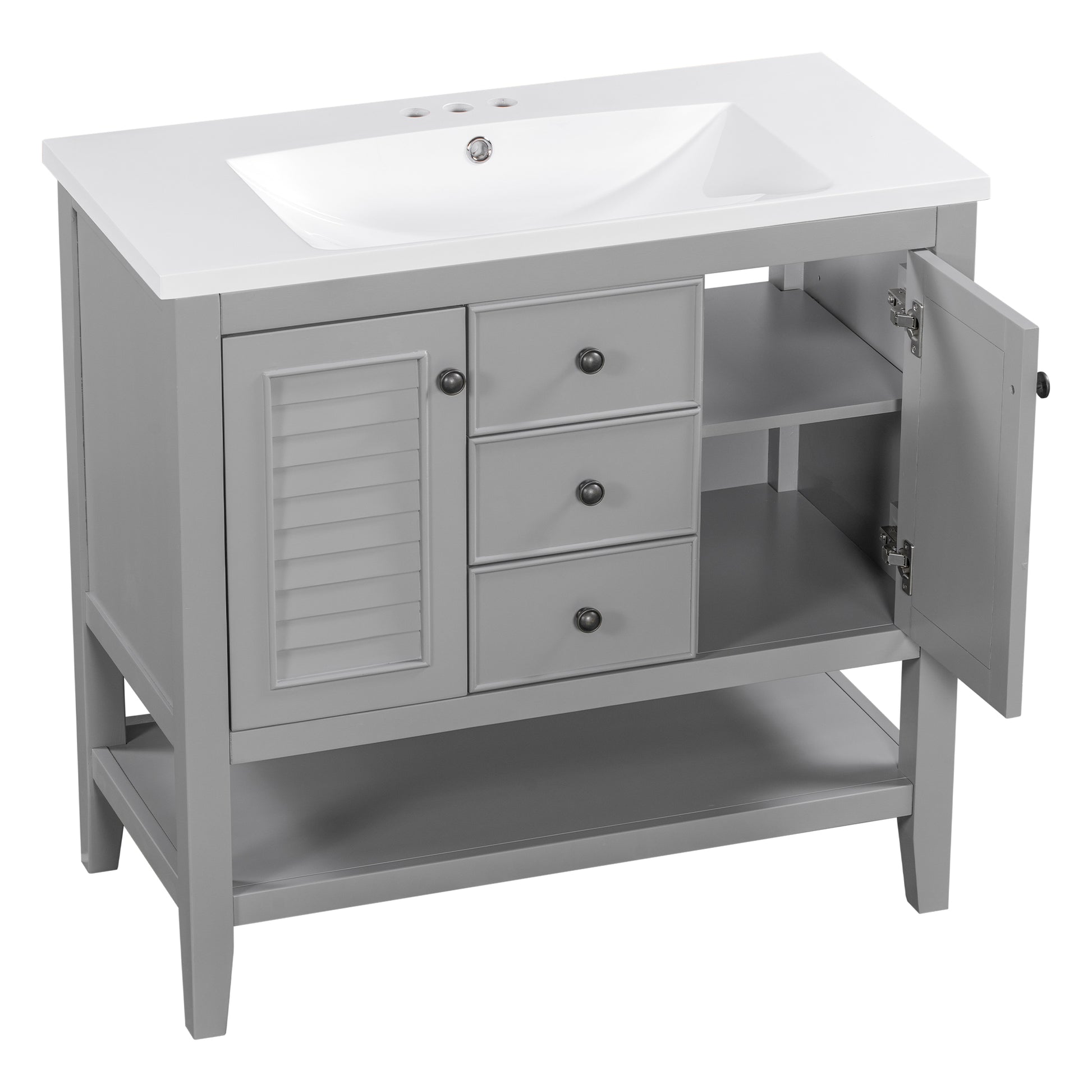 36" Bathroom Vanity With Ceramic Basin, Two Cabinets And Drawers, Open Shelf, Solid Wood Frame, Grey Old Sku: Sy999101Aae 1 Grey Solid Wood Mdf