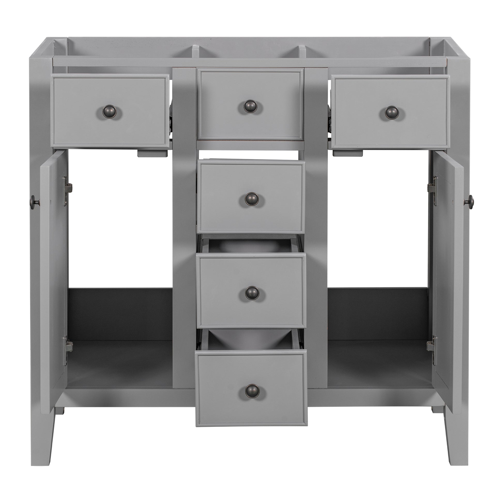 36" Bathroom Vanity Without Sink, Cabinet Base Only, Two Cabinets And Five Drawers, Solid Wood Frame, Grey Grey Solid Wood Mdf