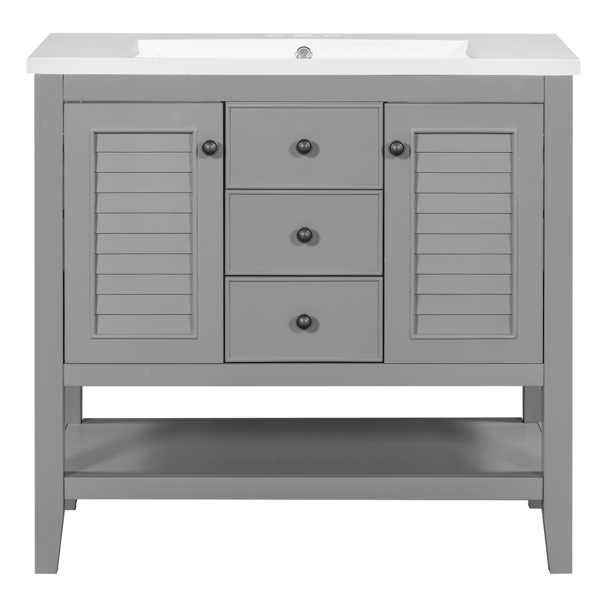 36" Bathroom Vanity With Ceramic Basin, Two Cabinets And Drawers, Open Shelf, Solid Wood Frame, Grey Old Sku: Sy999101Aae Grey Solid Wood Mdf