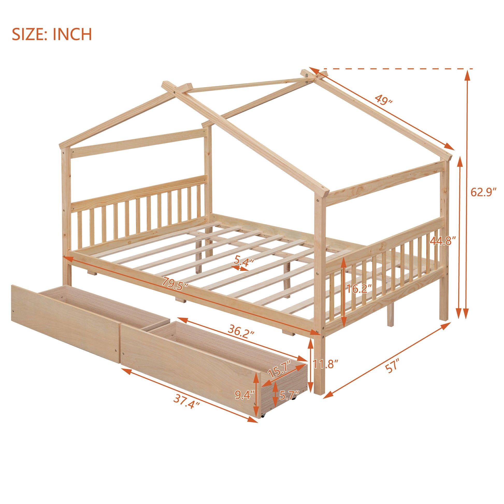 Full Size Wooden House Bed With Drawers, Natural Natural Solid Wood Mdf