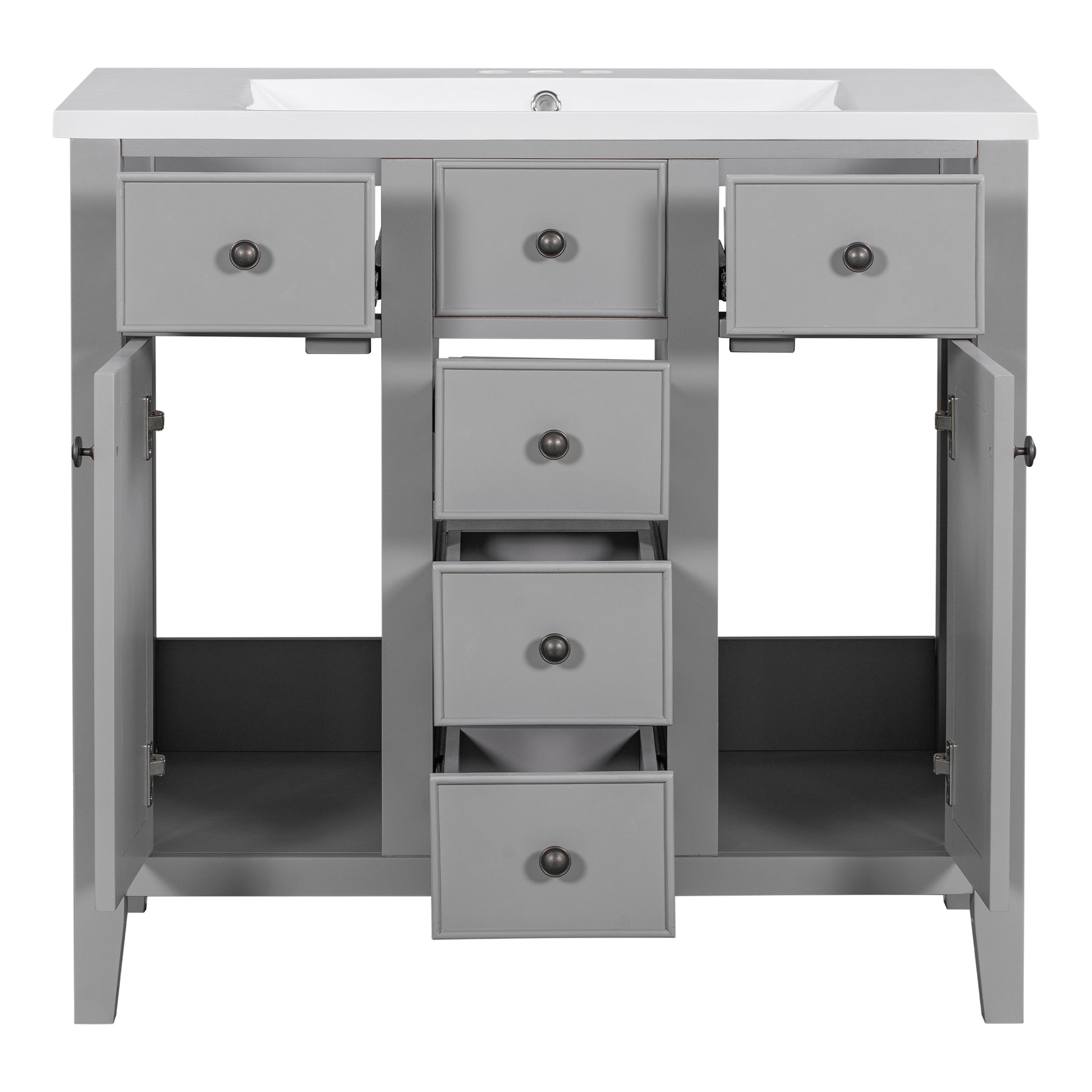 36" Bathroom Vanity With Ceramic Basin, Two Cabinets And Five Drawers, Solid Wood Frame, Grey Old Sku: Sy999202Aae Grey Solid Wood Mdf