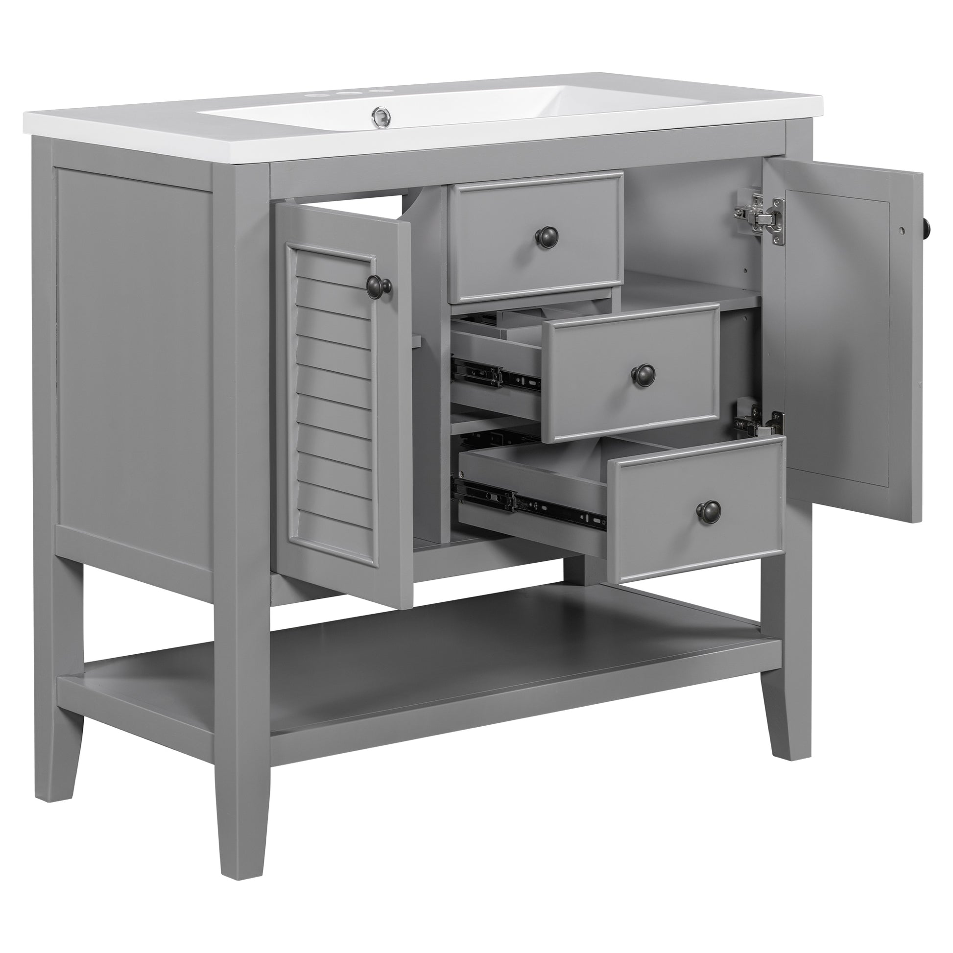 36" Bathroom Vanity With Ceramic Basin, Two Cabinets And Drawers, Open Shelf, Solid Wood Frame, Grey Old Sku: Sy999101Aae Grey Solid Wood Mdf