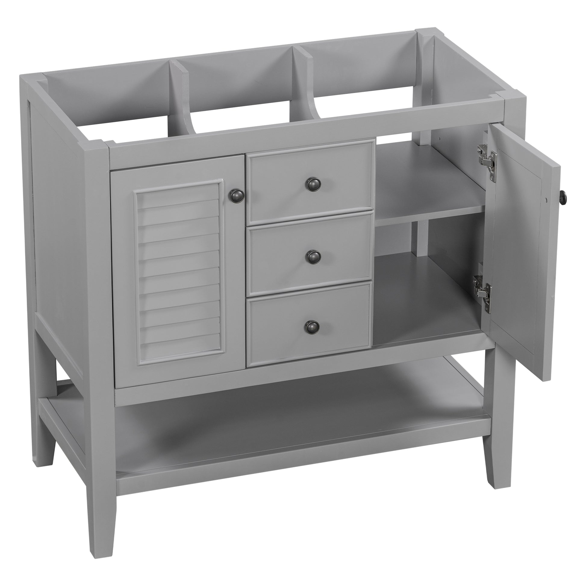 36" Bathroom Vanity Without Sink, Cabinet Base Only, Two Cabinets And Drawers, Open Shelf, Solid Wood Frame, Grey Grey Solid Wood Mdf