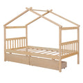 Twin Size Wooden House Bed With Drawers, Natural Natural Solid Wood Mdf