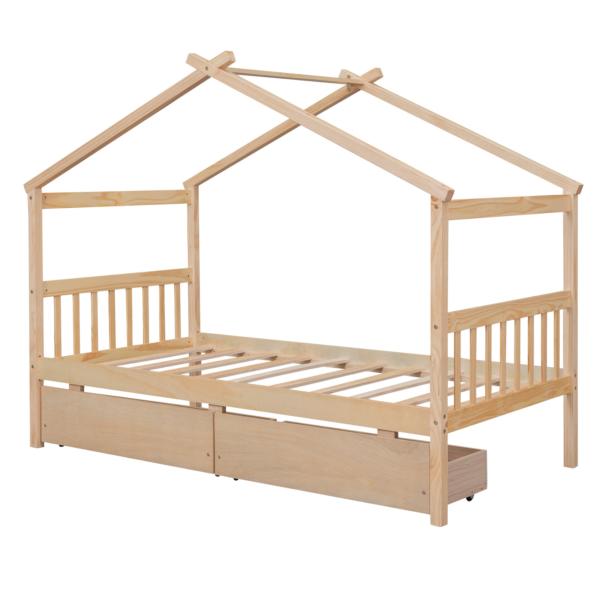 Twin Size Wooden House Bed With Drawers, Natural Natural Solid Wood Mdf