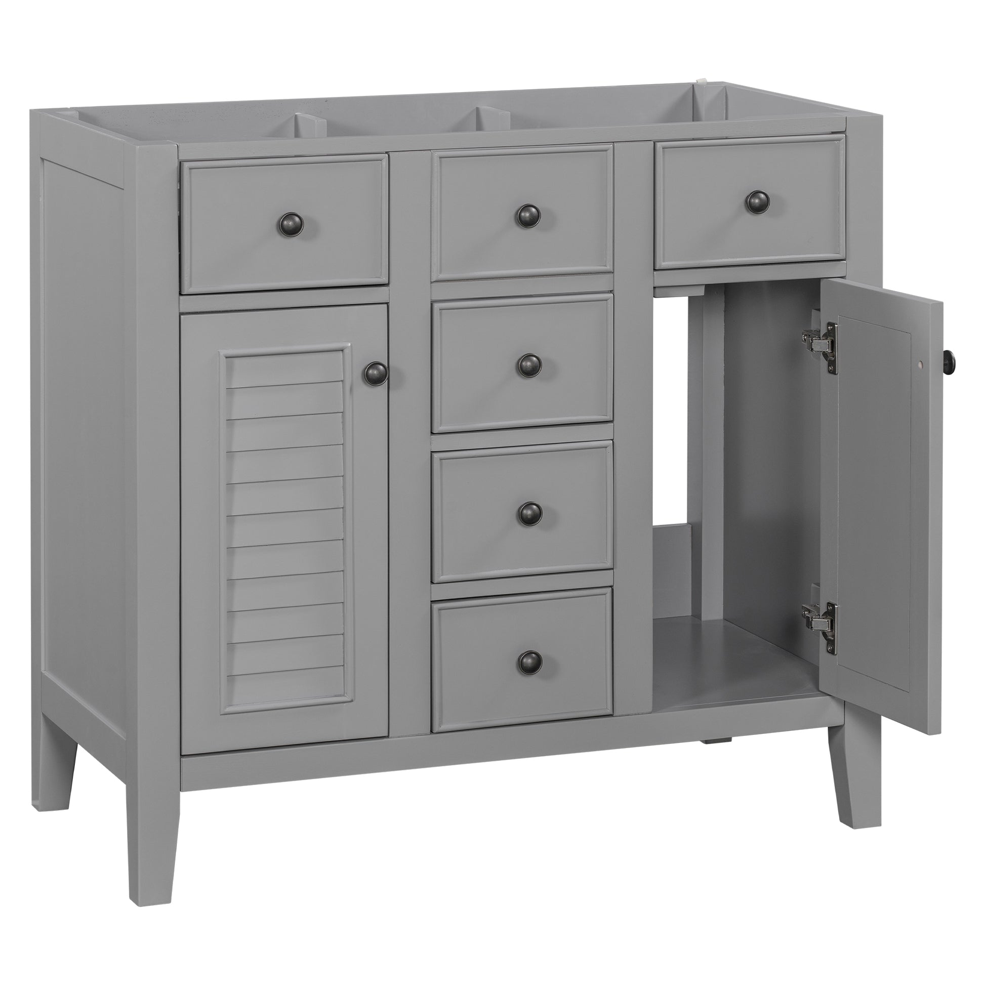 36" Bathroom Vanity Without Sink, Cabinet Base Only, Two Cabinets And Five Drawers, Solid Wood Frame, Grey Grey Solid Wood Mdf