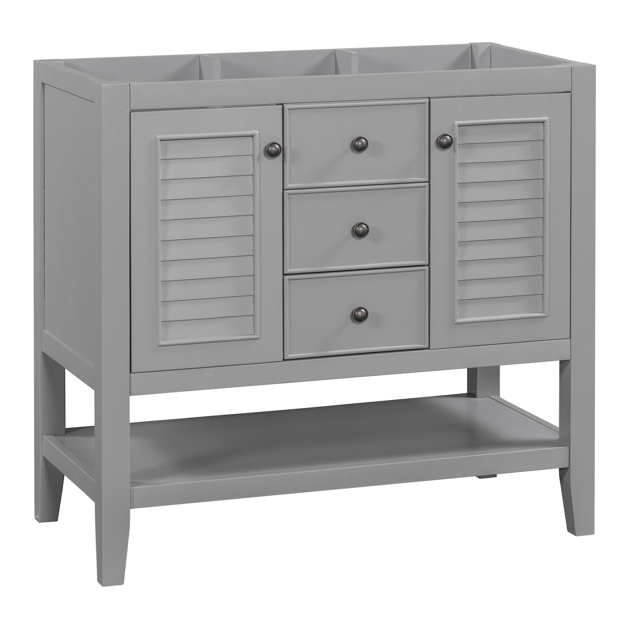 36" Bathroom Vanity Without Sink, Cabinet Base Only, Two Cabinets And Drawers, Open Shelf, Solid Wood Frame, Grey Grey Solid Wood Mdf