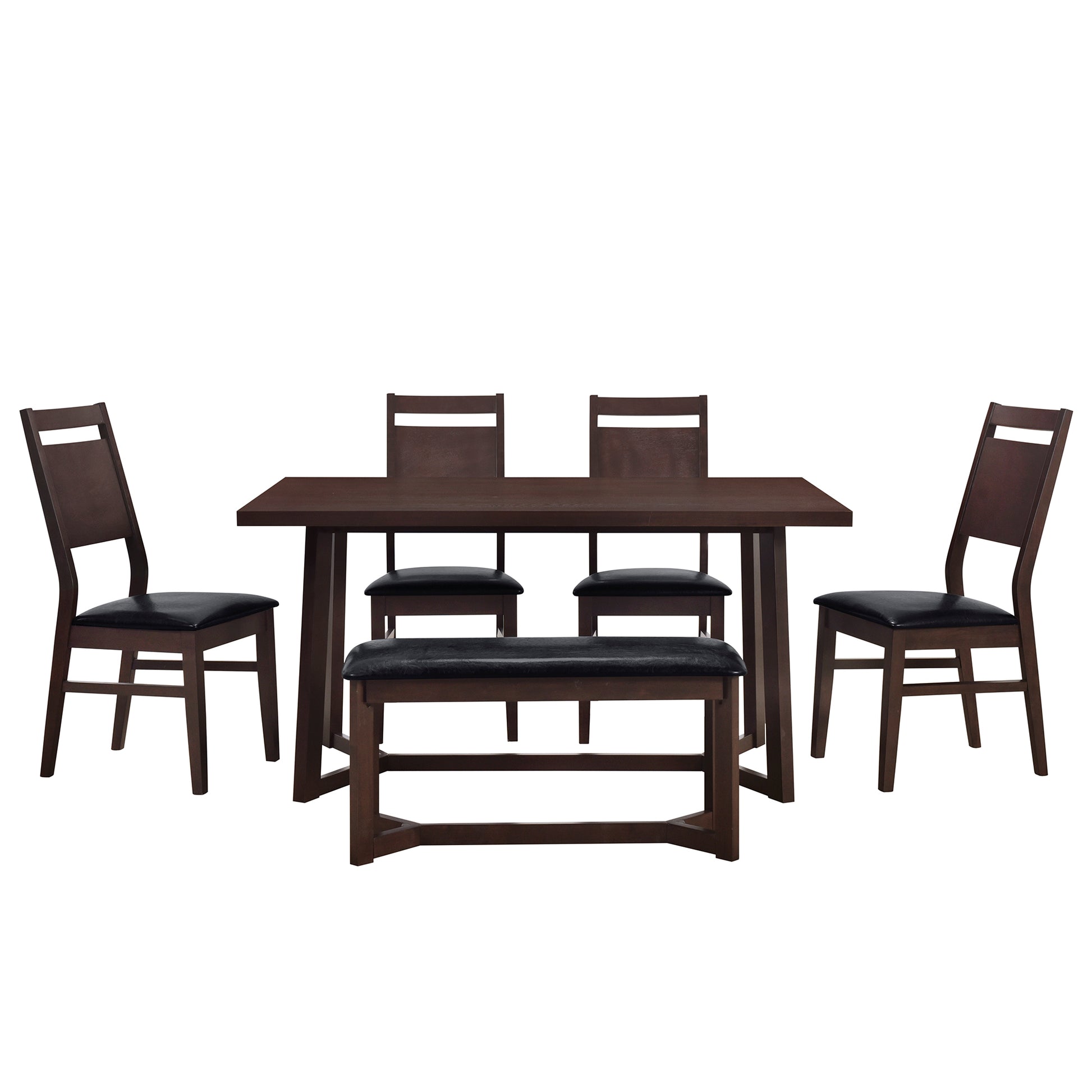Farmhouse 6 Piece Wood Dining Table Set With 4 Upholstered Chairs And Bench, Dark Brown Brown Wood Dining Room Bench Seating Rubberwood Rectangular Dining Table With Chair And Bench Upholstered Chair Wood Dark Brown Solid Back Seats 6 Farmhouse Trestle