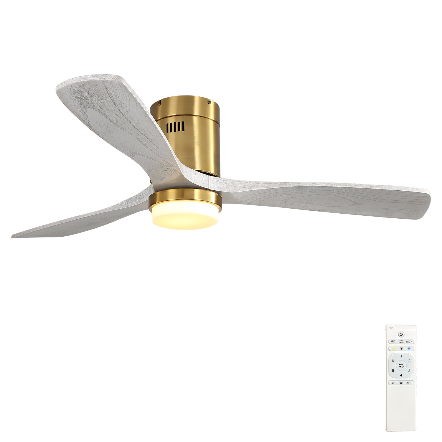 52 Inch Decorative Led Ceiling Fan With Dimmable Led Light 6 Speed Remote 3 Solid Wood Blades Reversible Dc Motor For Living Room Gold Metal & Wood