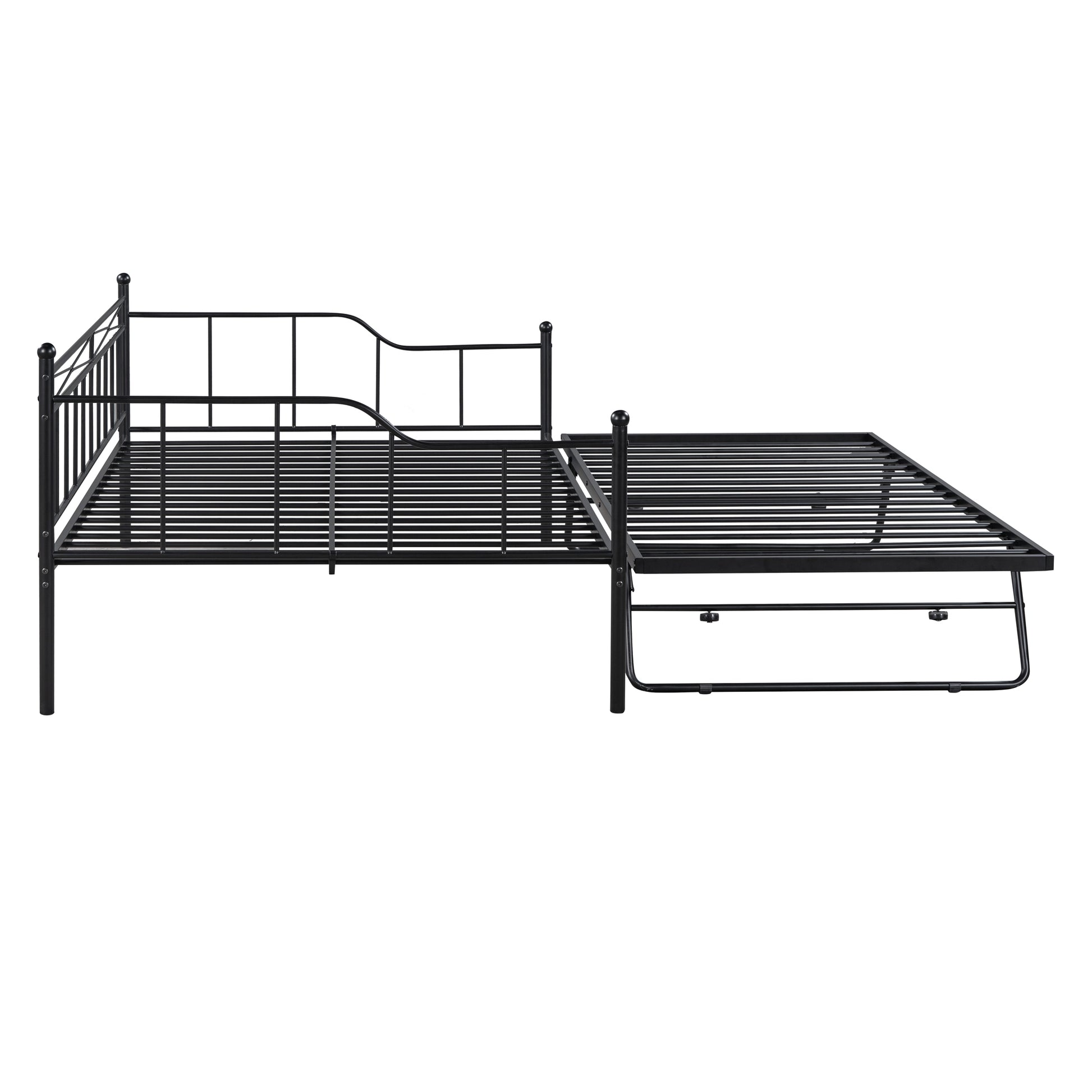 Full Size Metal Daybed With Twin Size Adjustable Trundle, Portable Folding Trundle, Black Old Sku:Mf293736Aab Black Steel